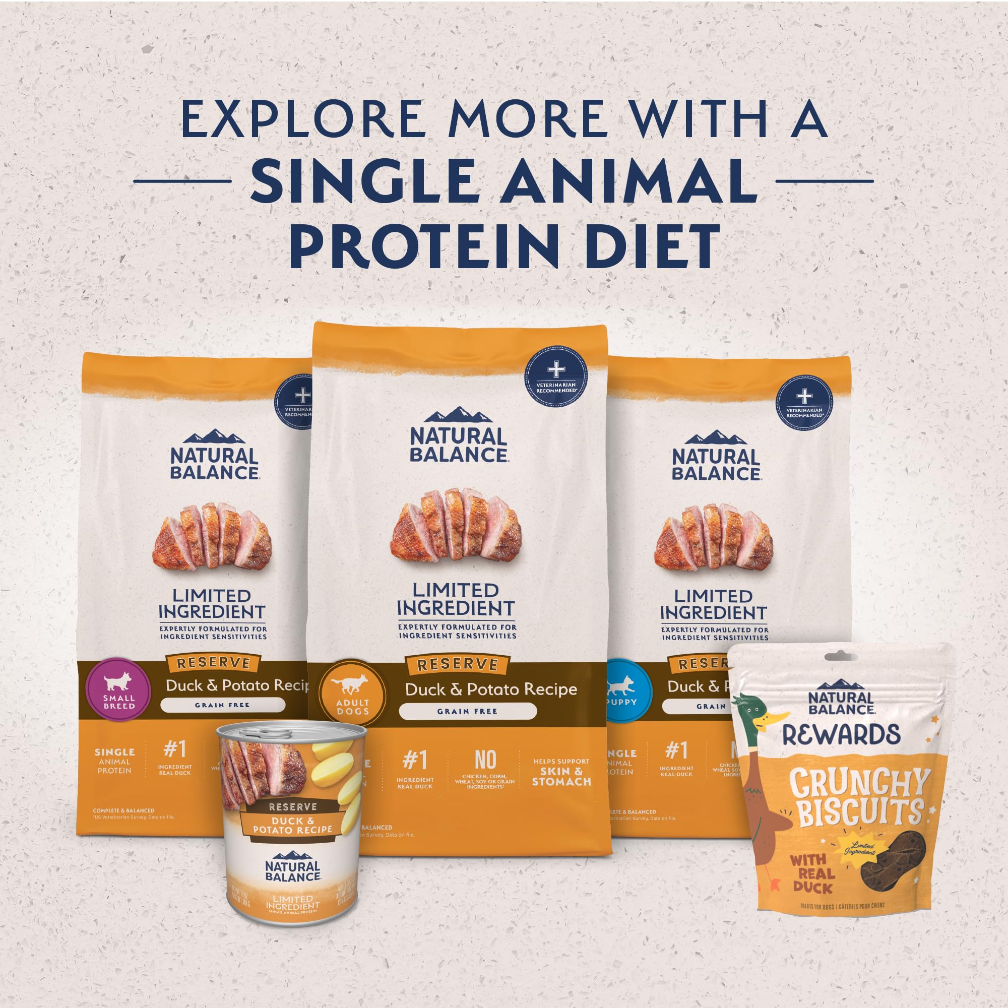 Natural Balance adult dog food 22-pound bag on shelf.