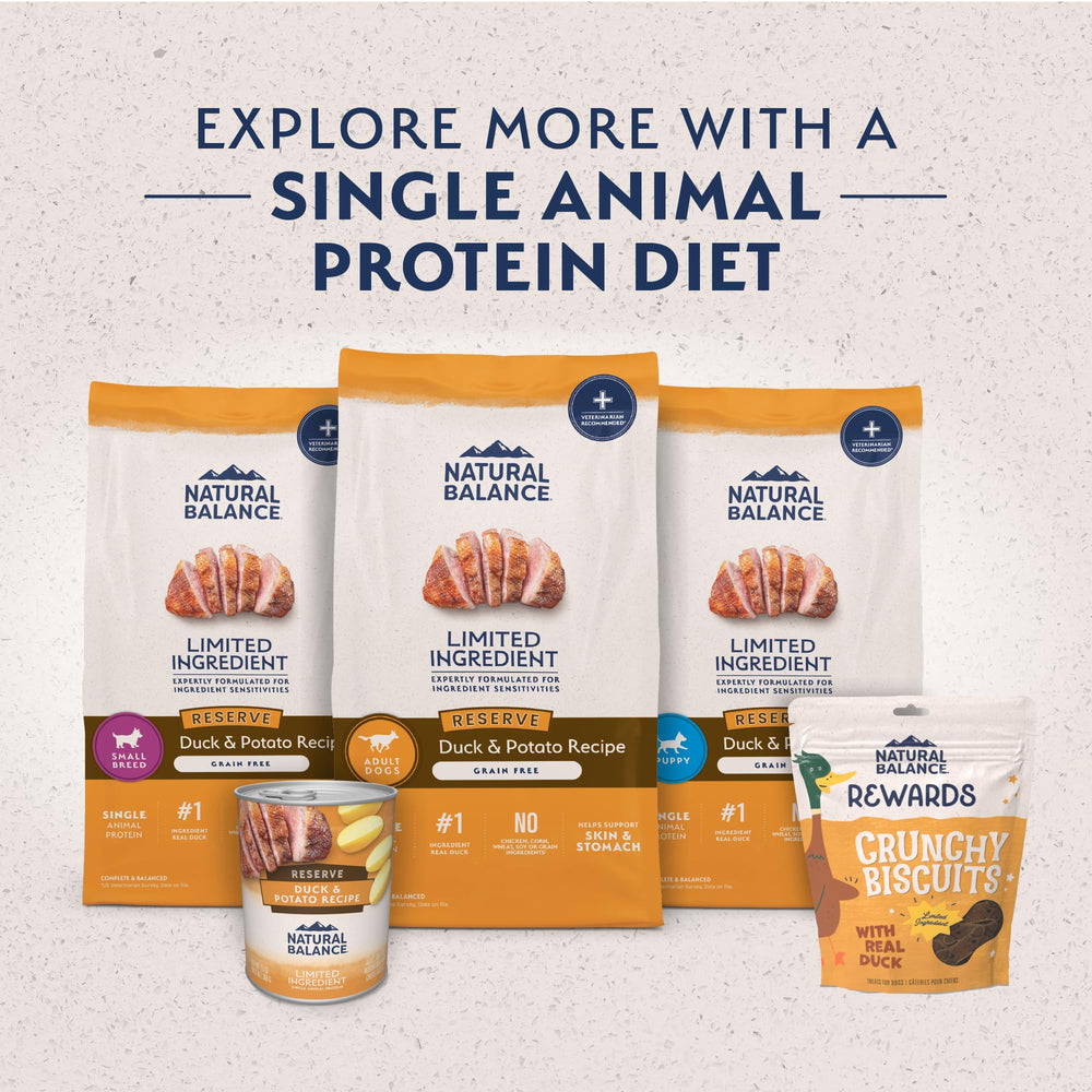Natural Balance adult dog food 22-pound bag on shelf.