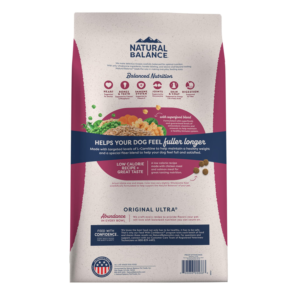 Natural Balance Ultra Fat Dogs ingredient panel displays wholesome grains and proteins