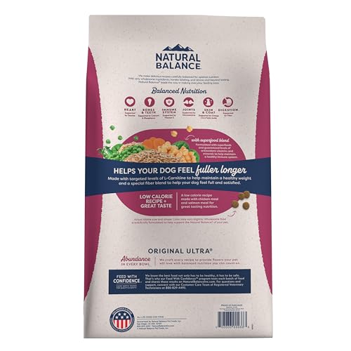 Natural Balance Ultra Fat Dogs 24-lb bag serving size guide.