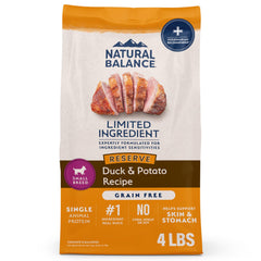 Natural Balance small-breed duck and potato bag front promotes trusted packaging for sensitive stomach support