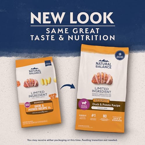 Natural Balance small-breed duck-potato kibble closeup highlights grain-free, protein-rich bites