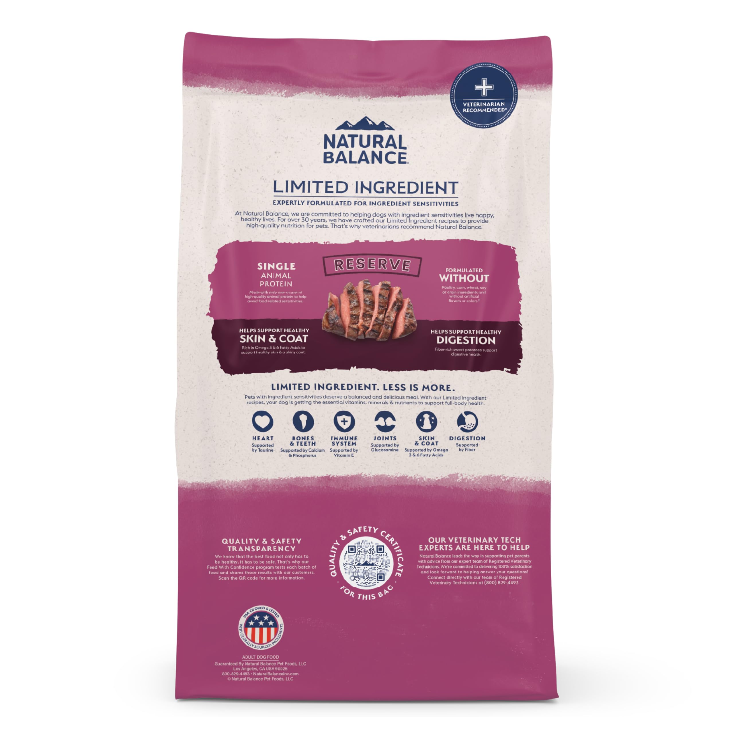 Natural Balance Reserve safety label on the bag highlights Feed with Confidence program.