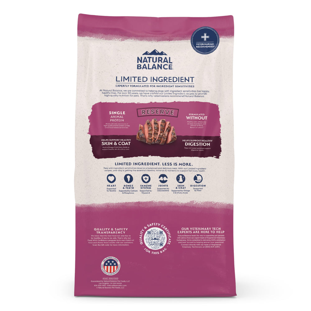 Natural Balance Reserve safety label on the bag highlights Feed with Confidence program.