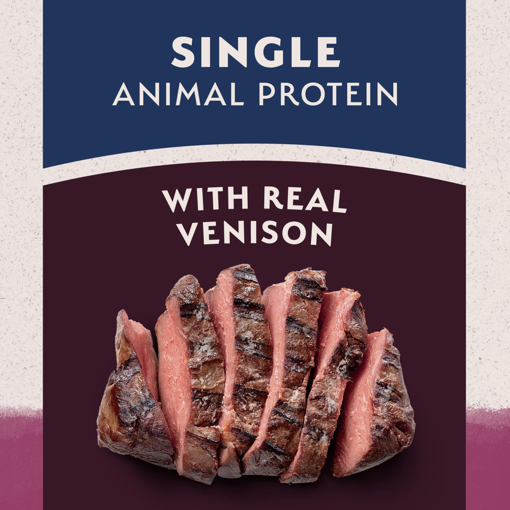 Natural Balance Reserve single-protein venison highlights simplified ingredients for sensitive dogs.