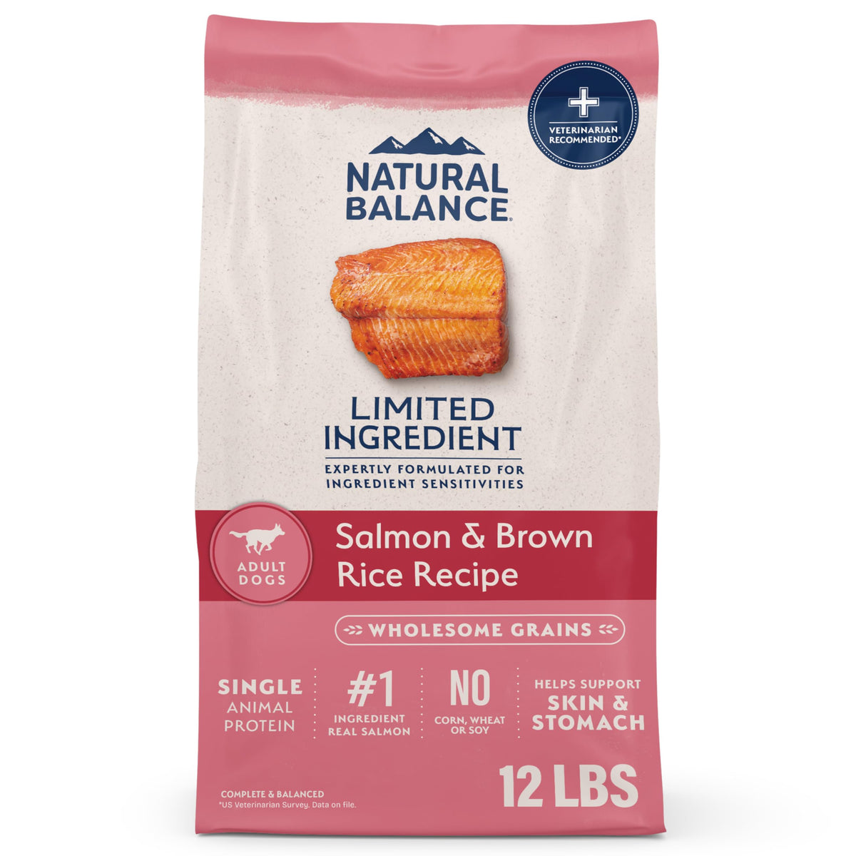 Natural Balance Limited Ingredient Salmon & Brown Rice bag highlights first-ingredient protein for muscles