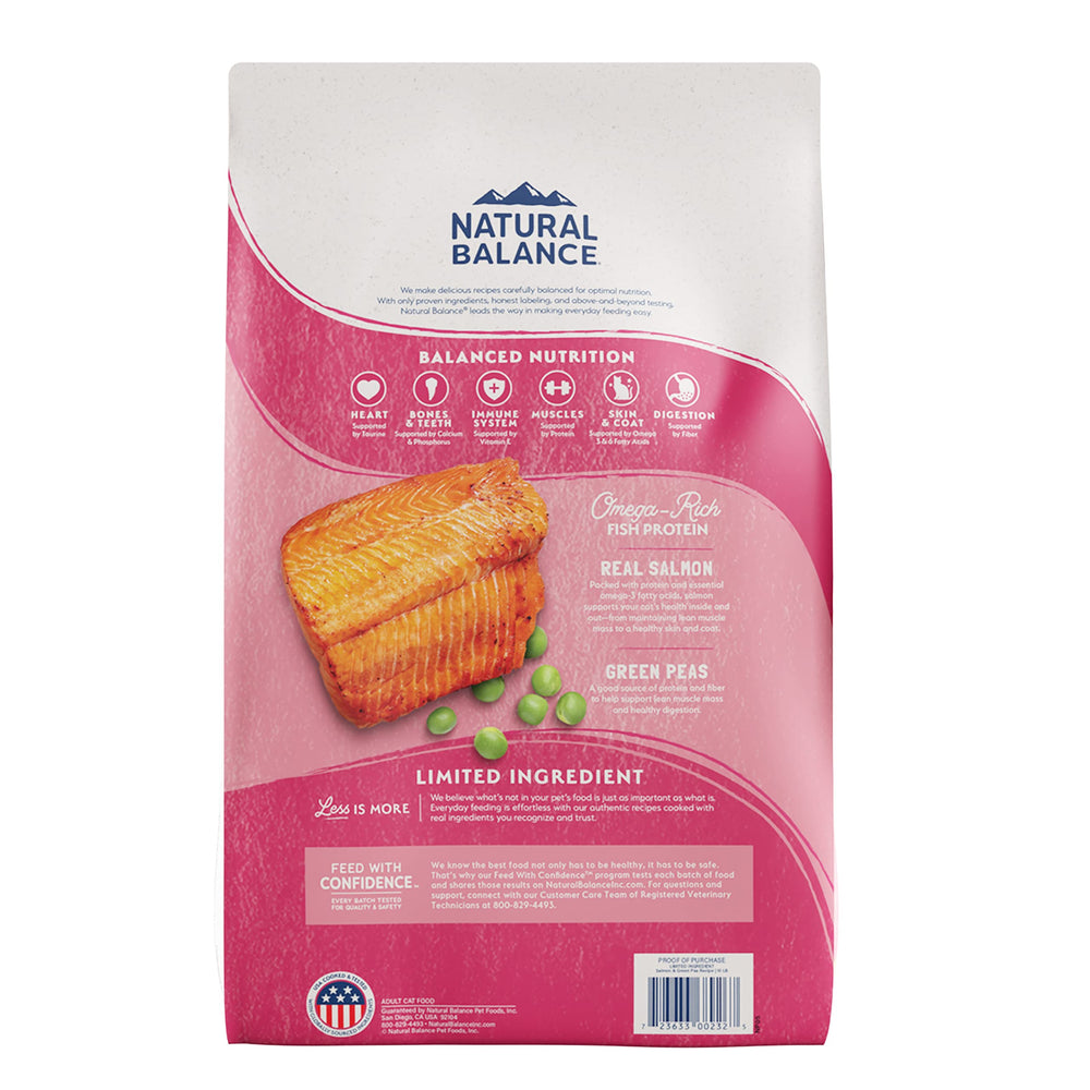 Natural Balance Salmon-first ingredient kibble close-up, emphasizing single animal protein for muscle support