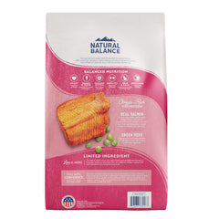 Natural Balance Salmon-first ingredient kibble close-up, emphasizing single animal protein for muscle support