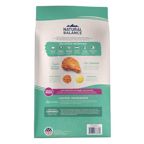Natural Balance bite-size kibble fits small dogs' jaws.