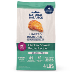 Natural Balance Small Breed dry dog food bag showing chicken and sweet potato.