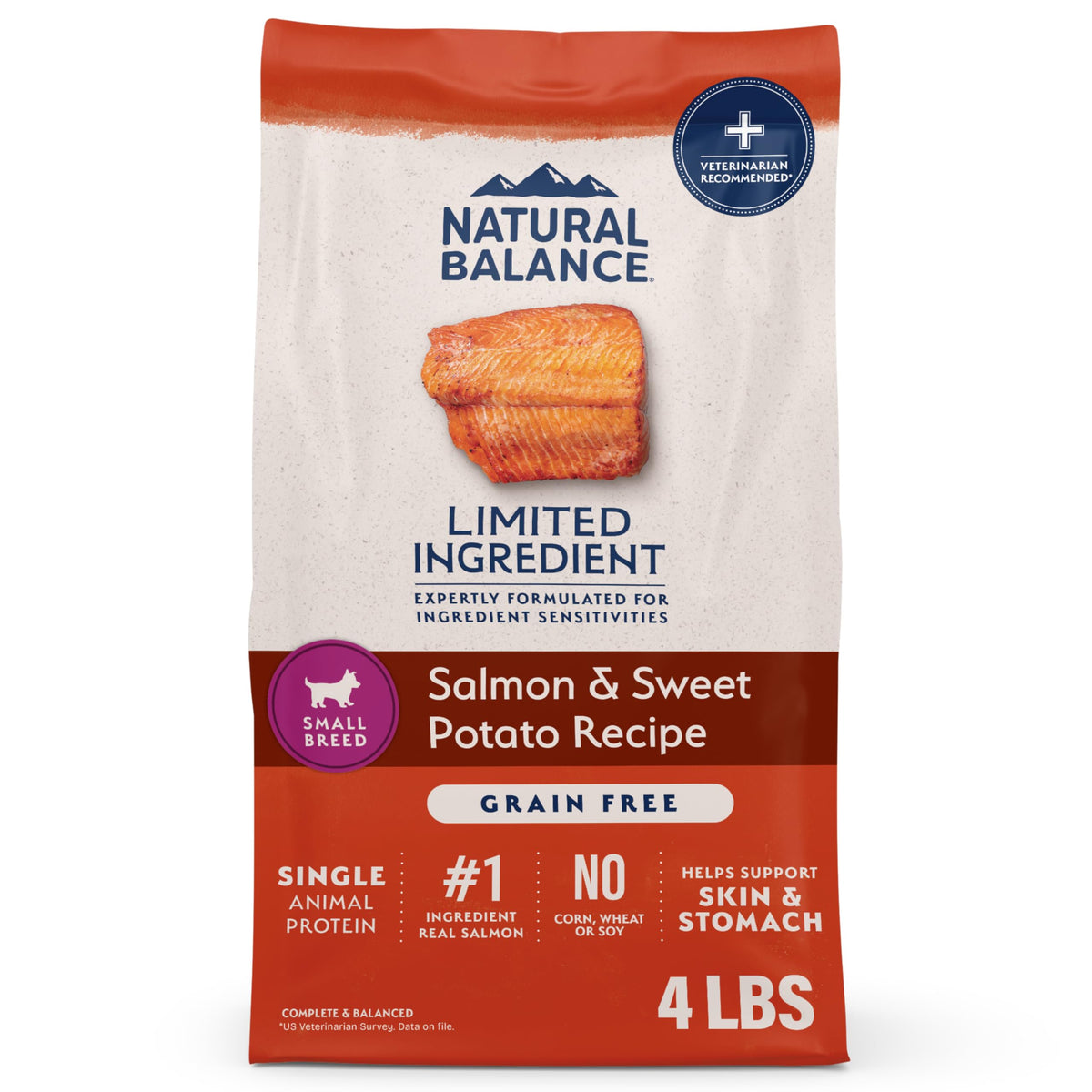 Natural Balance small-breed salmon-sweet-potato bag shows grain-free nutrition for sensitive stomachs.