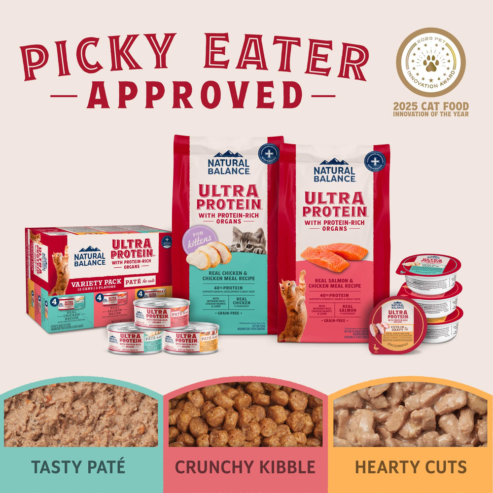 Natural Balance Ultra Protein Pate chicken liver—premium digestible protein for cats.