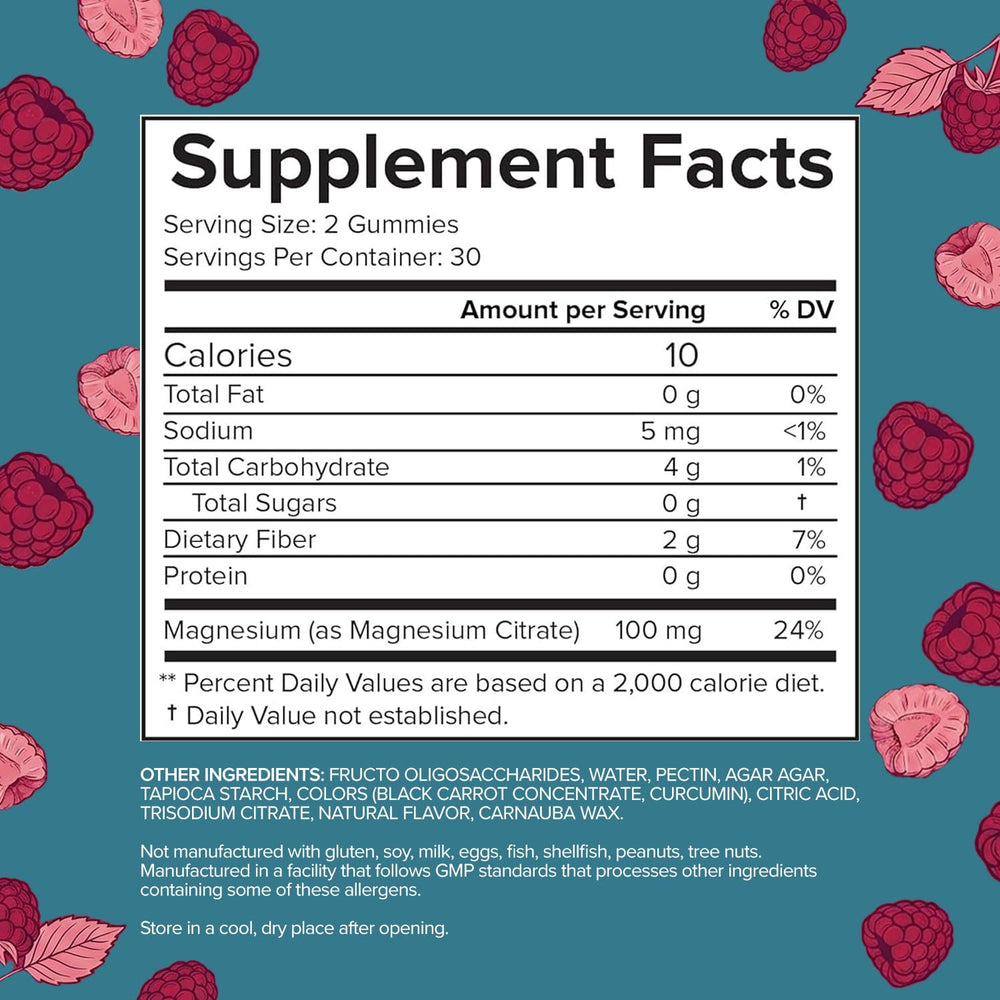 Close-up label highlights magnesium citrate for sleep and calm.