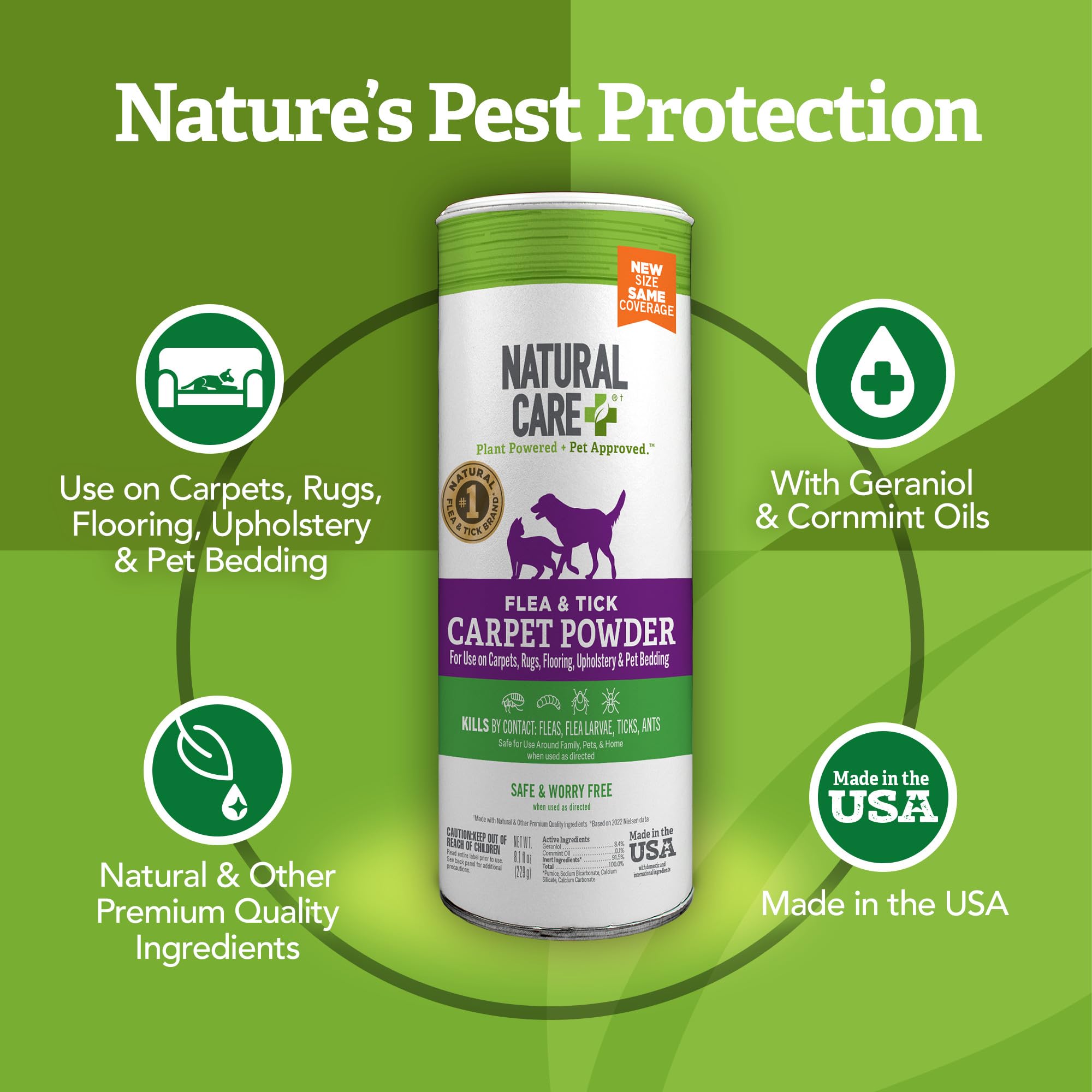 Natural Care powder on pet bedding providing plant-based protection