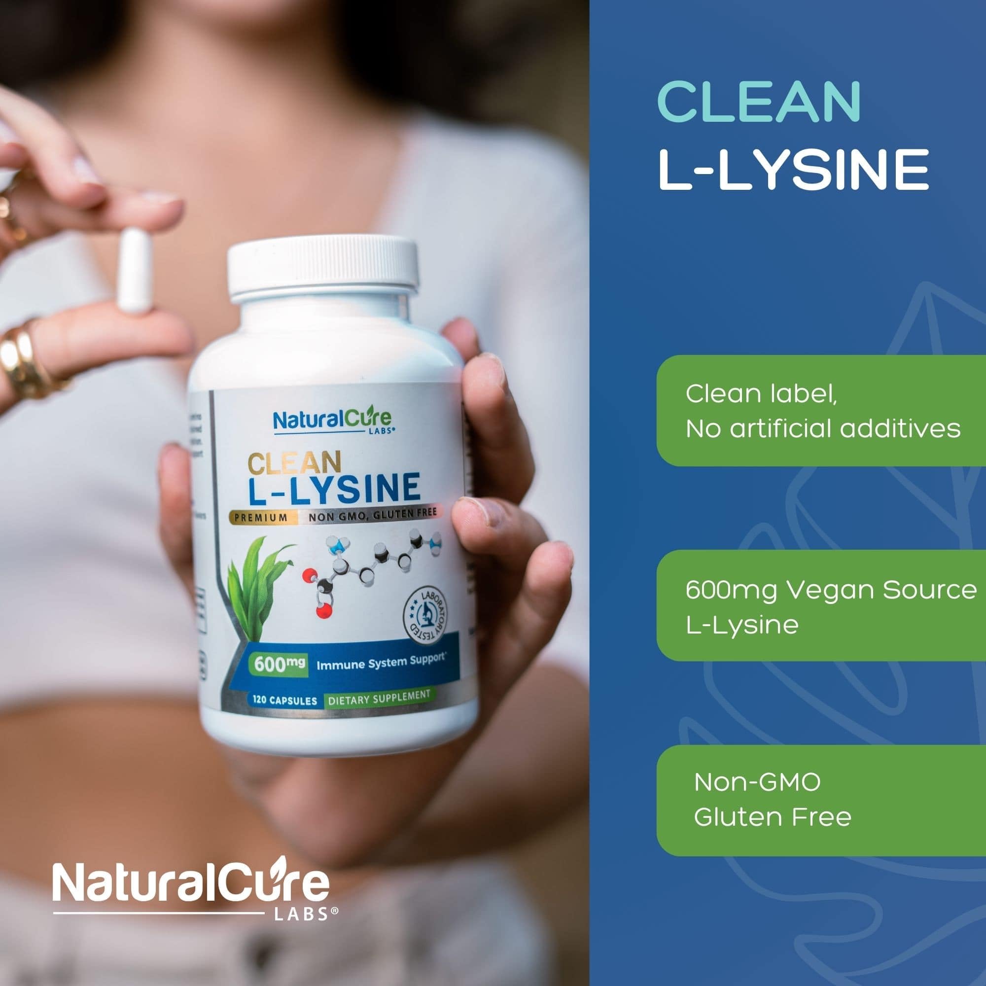 Natural Cure Labs lysine bottle front view with clean label