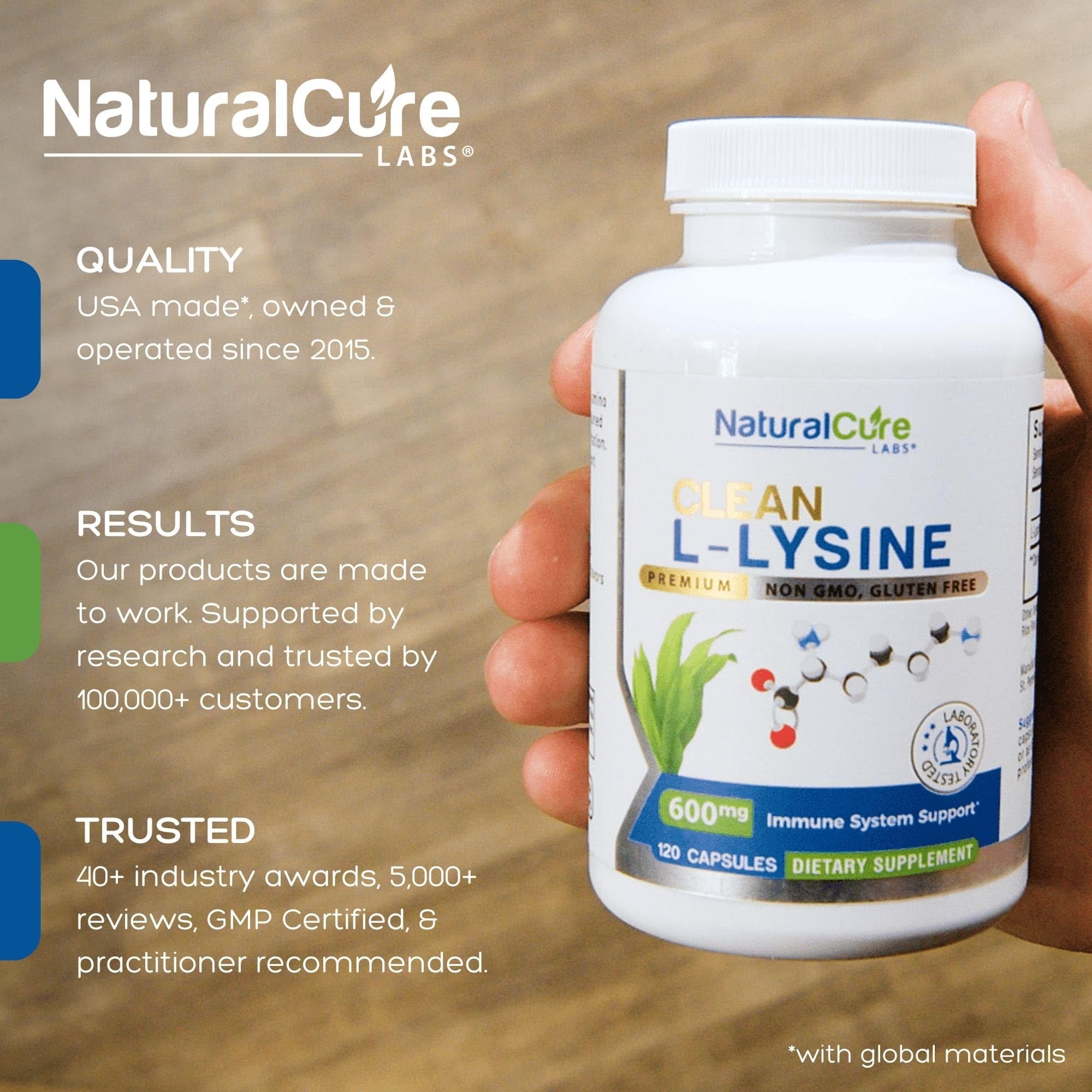 Close-up of Natural Cure Labs L-Lysine capsules highlighting vegan and gluten-free formulation