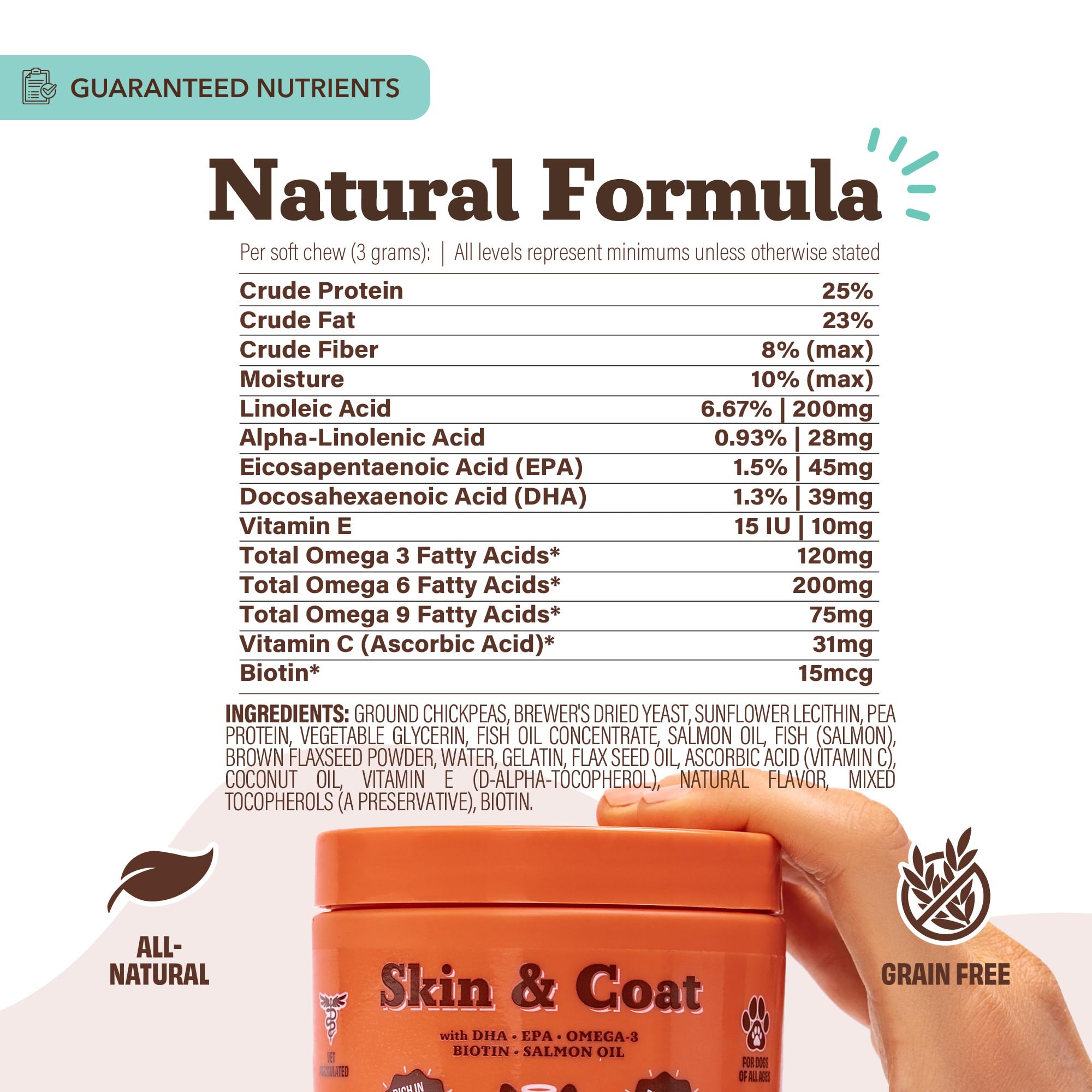 Natural Dog Company grain-free formula with no fillers for clean daily skin care.