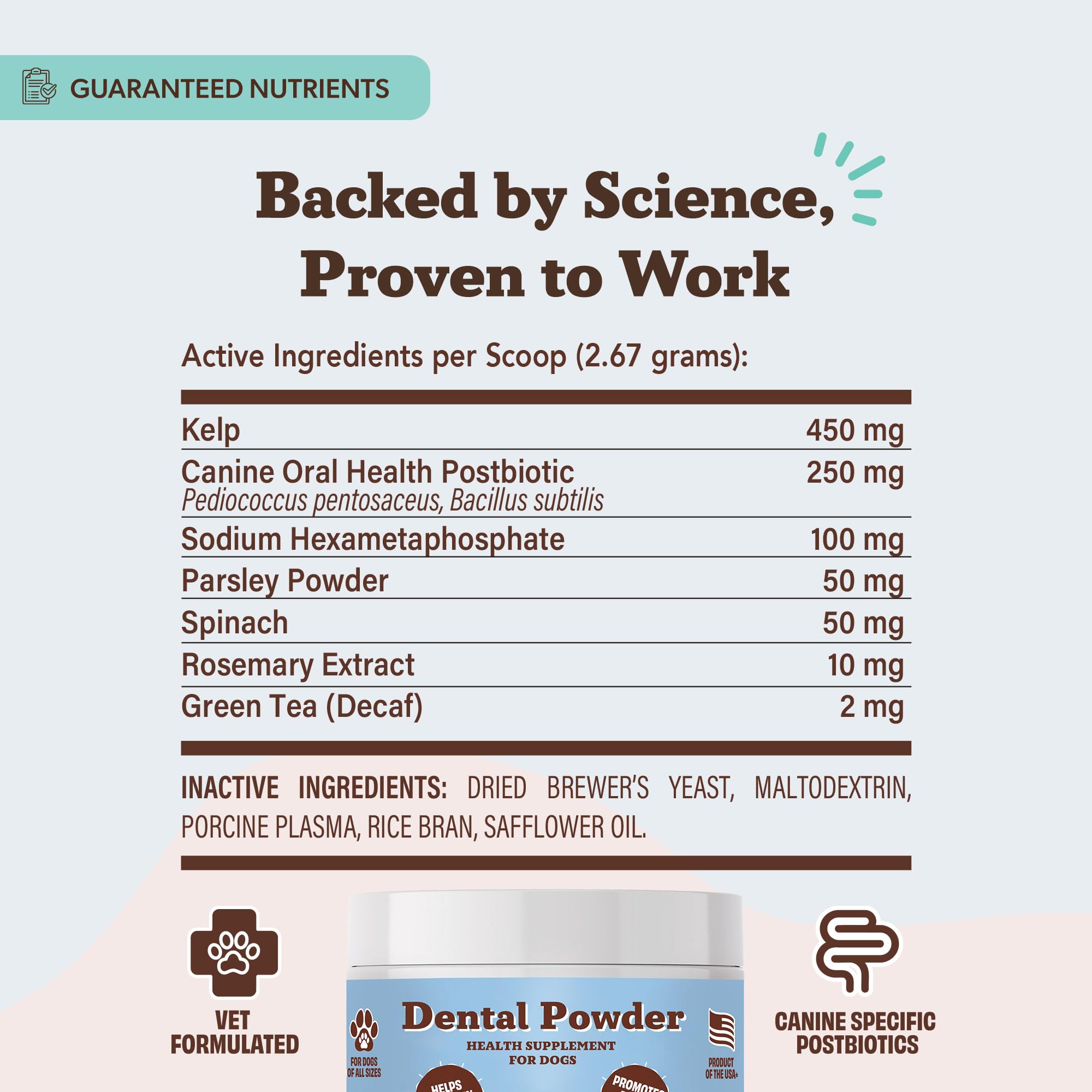 Natural Dog Company dental powder packaging confirms USA-made production standards.