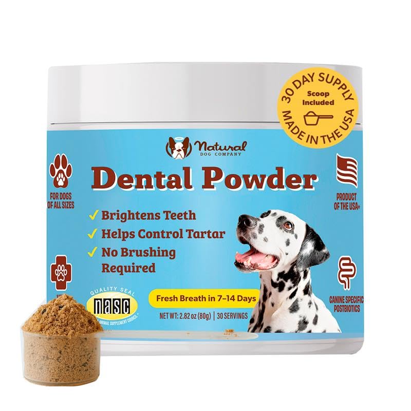 Natural Dog Company dental powder sprinkled on food for easier daily care and fresher breath.
