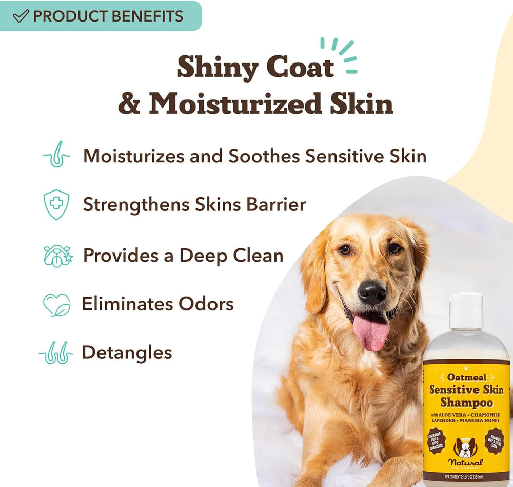 Natural Dog Company oatmeal shampoo ingredients soothe dry skin with oats, aloe, honey.