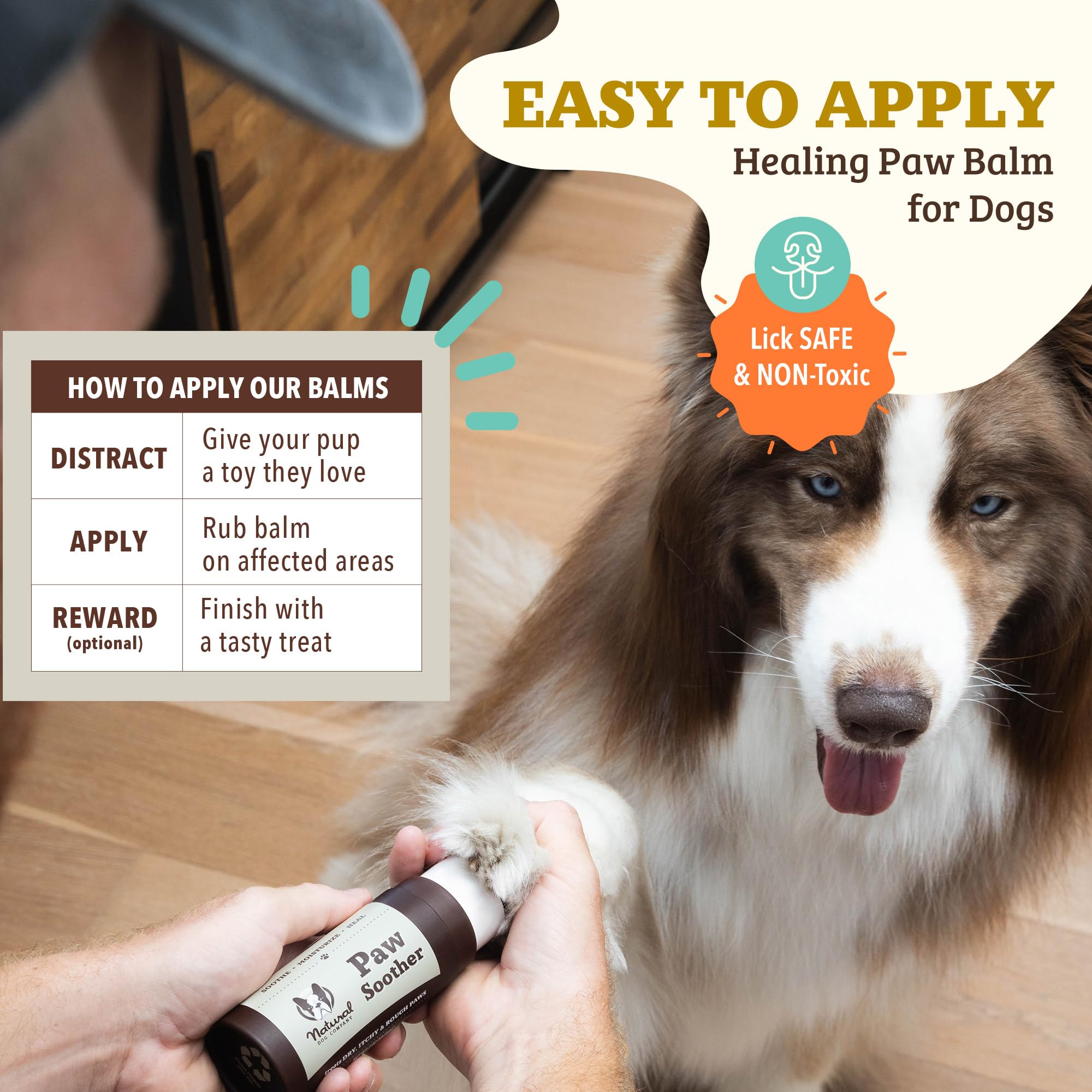 Natural Dog Company Paw Soother Balm paw care routine with wipes and balm.