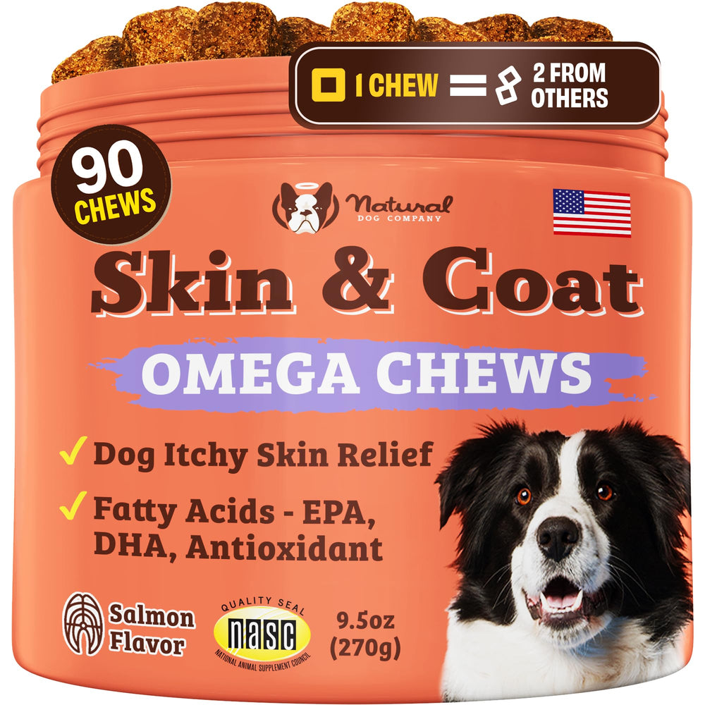 Natural Dog Company skin & coat supplement bottle supports healthy skin and a shiny coat.