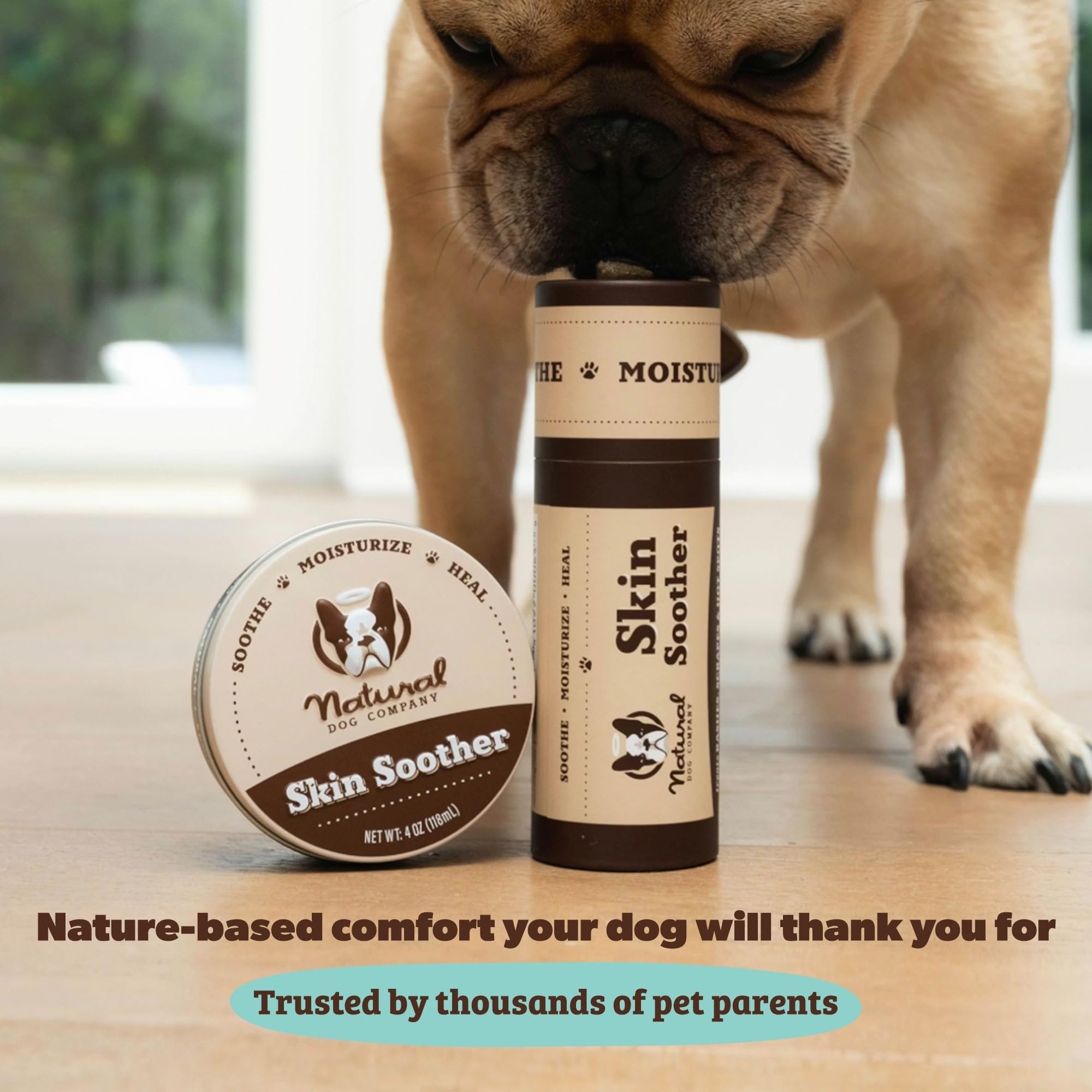 Natural Dog Company Skin Soother packaging label guiding safe use.