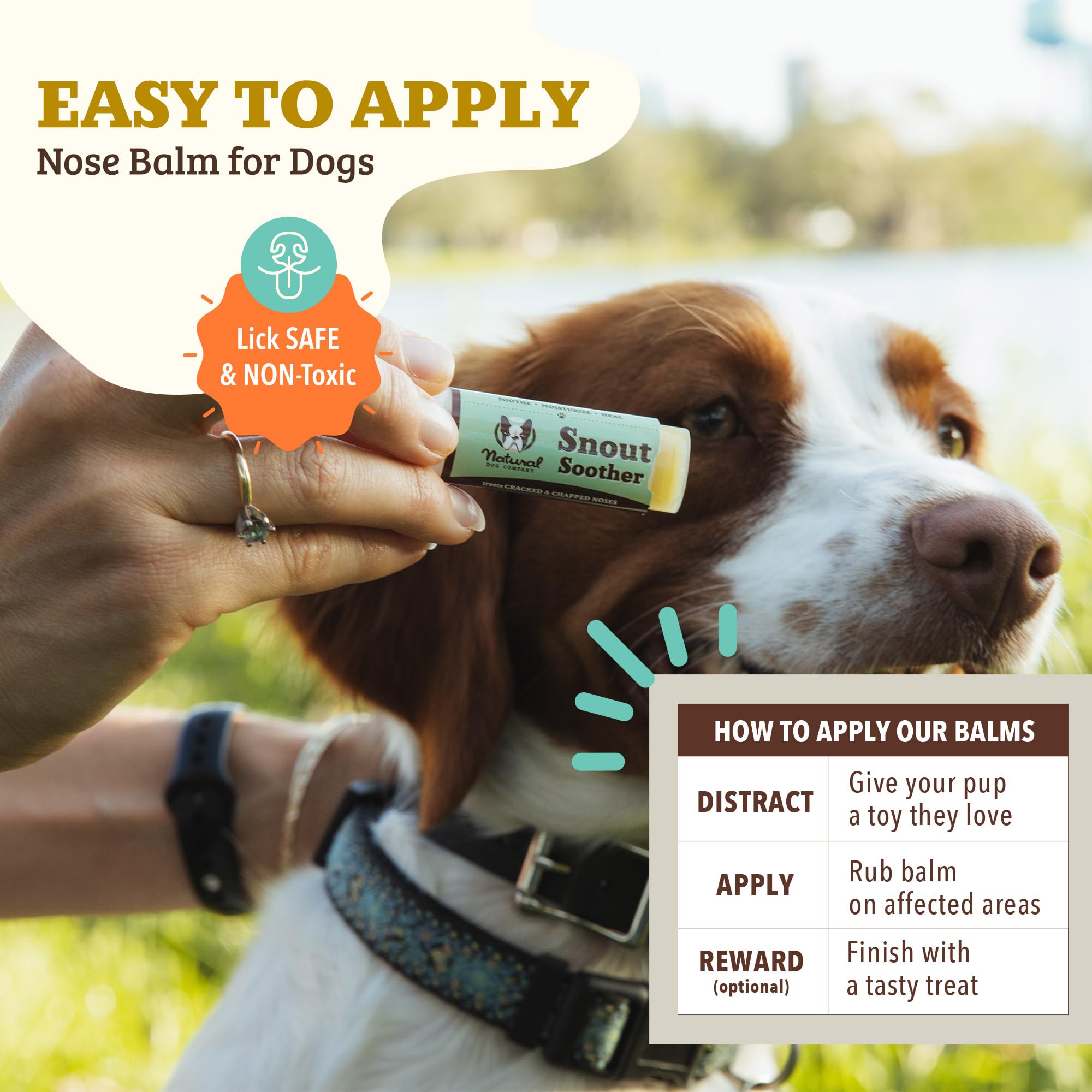 Natural Dog Company Snout Soother balm for all breeds emphasizes gentle care.