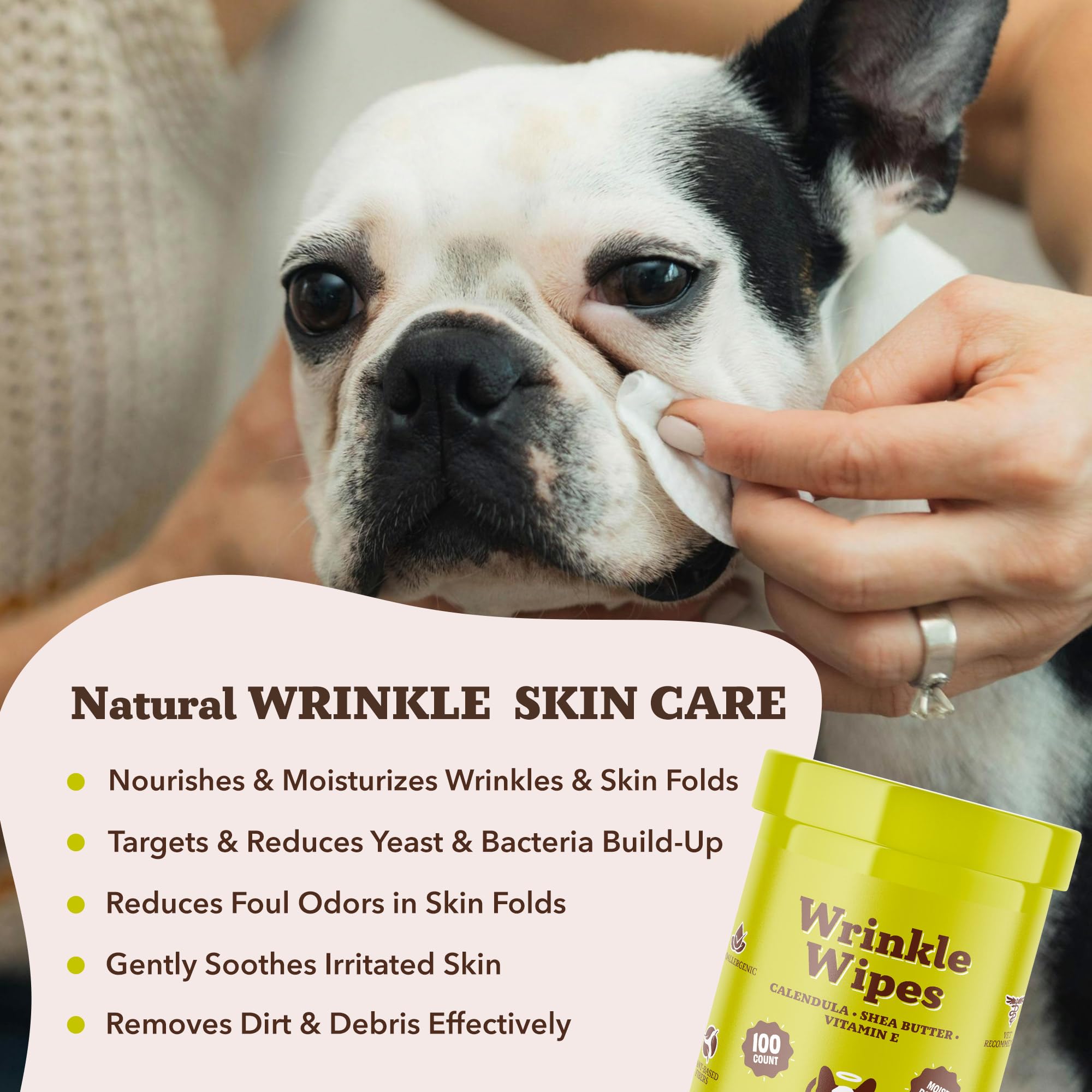 Natural Dog Company Wrinkle Wipes butt: deodorizing and cleaning sensitive tail area.