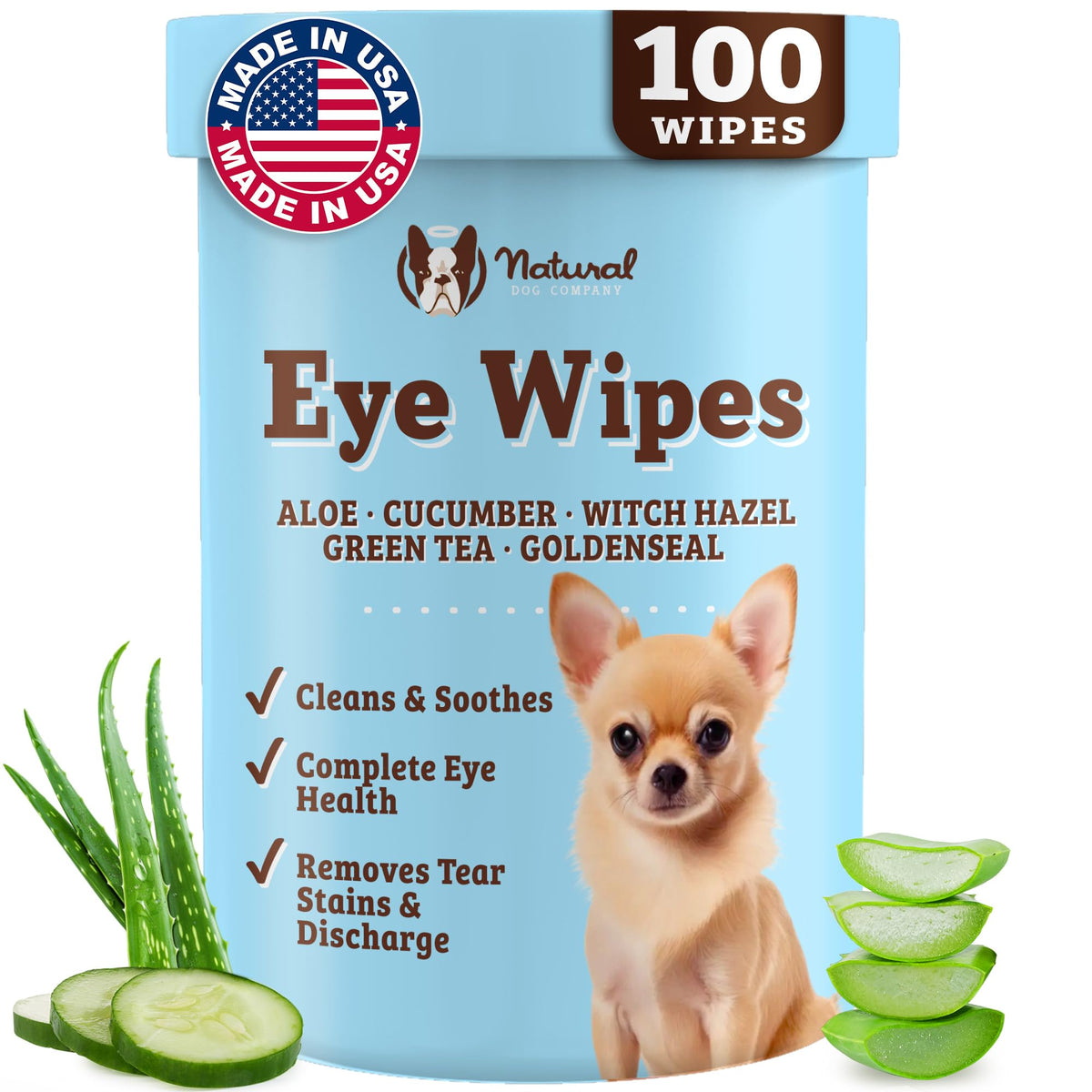Natural Dog Eye Wipes bottle close-up showing gentle cleansing.