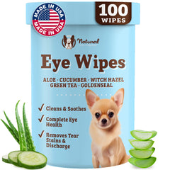 Natural Dog Eye Wipes bottle close-up showing gentle cleansing.