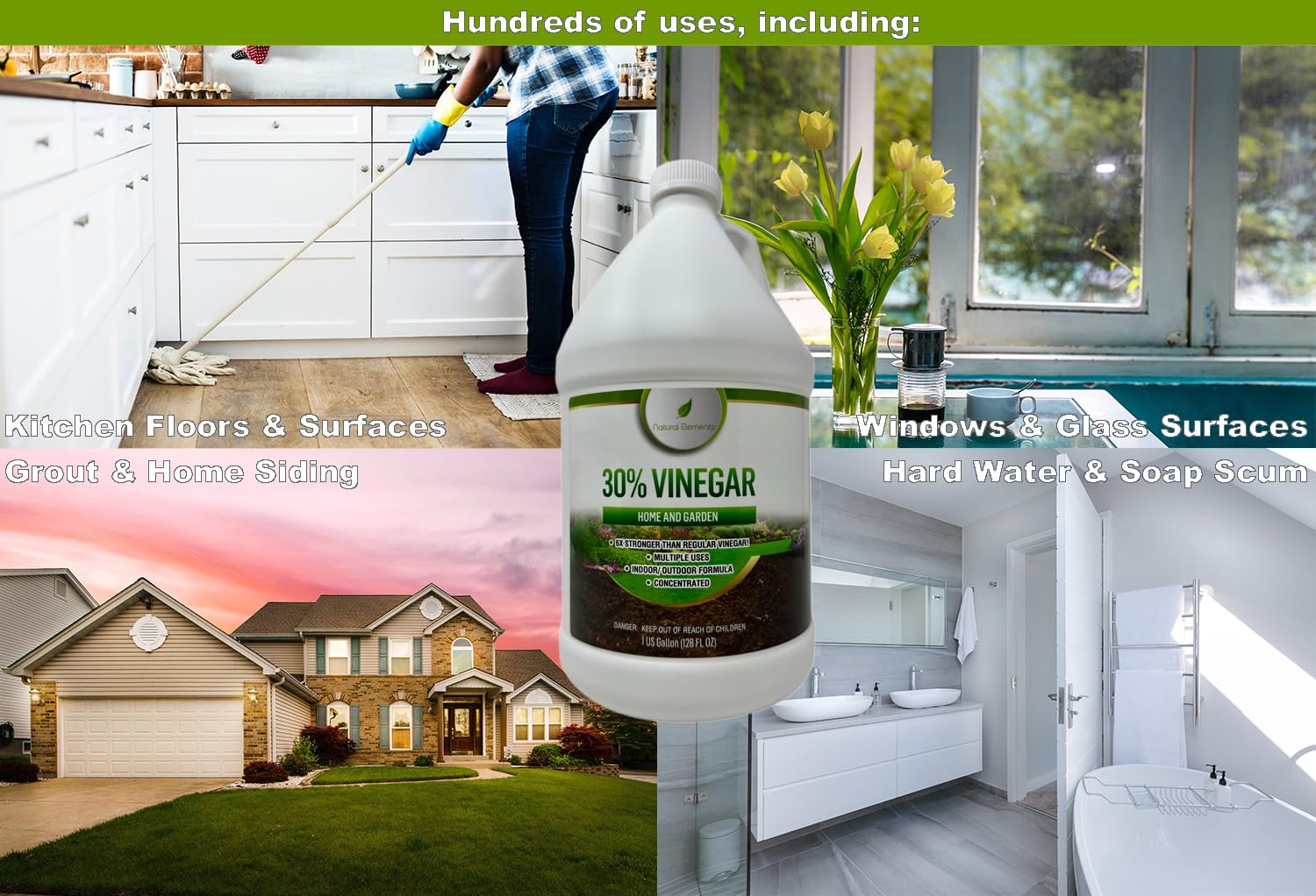 Natural Elements 30% Vinegar dilution shows adjustable strength for diverse cleaning tasks.
