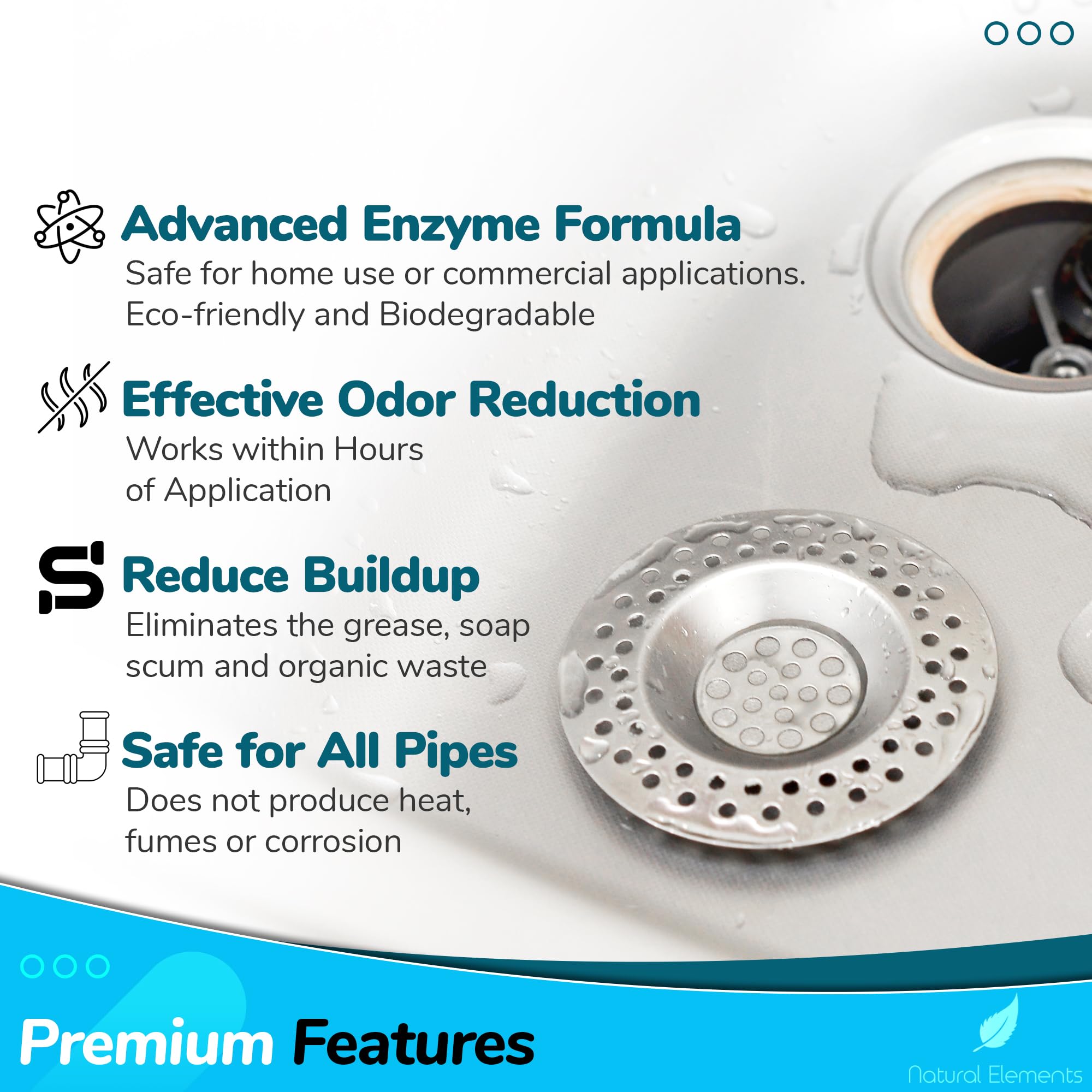 Natural Elements Enzyme Drain Cleaner used in a bathroom sink for odor reduction