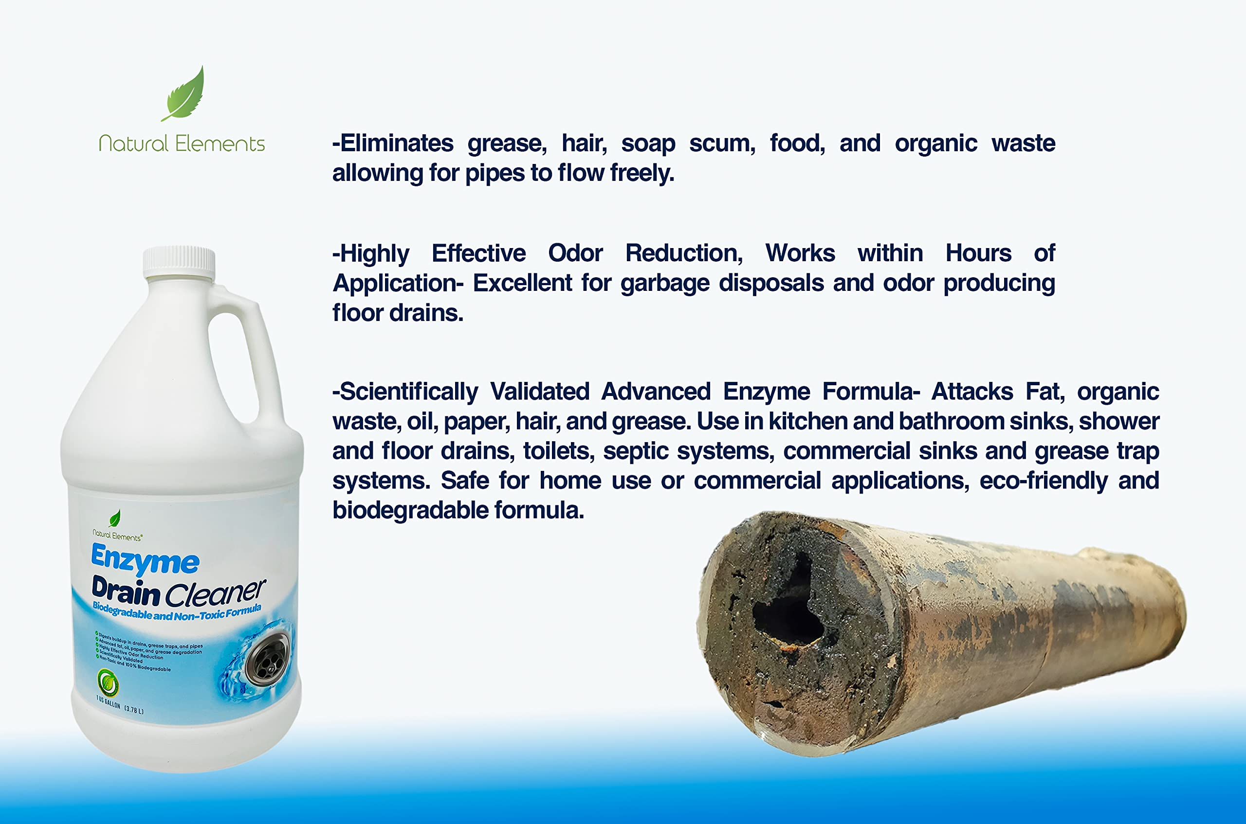 Open pipes show improved flow after enzyme treatment with Natural Elements