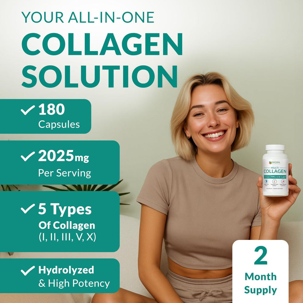 Natural Elements Multi Collagen bottle side shows serving info and 2025mg per serving.