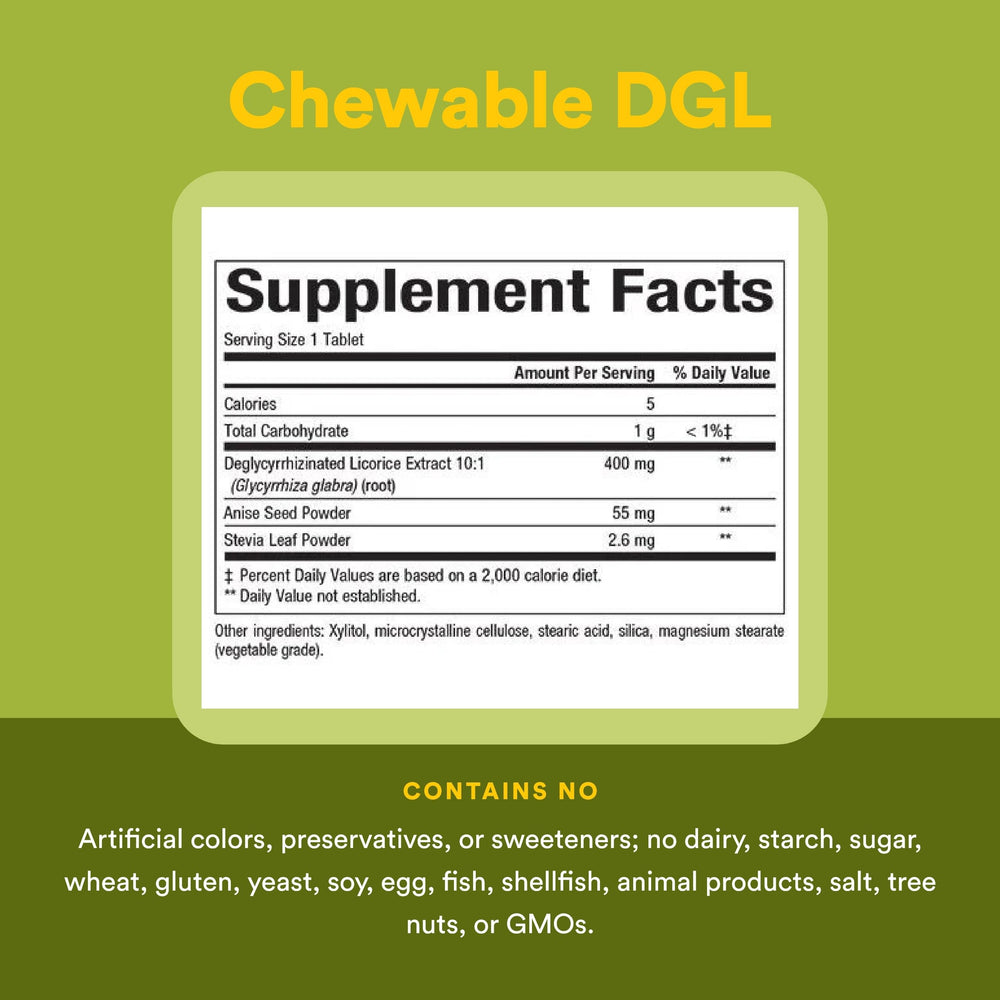 Natural Factors DGL gluten-free and non-GMO icons on packaging.