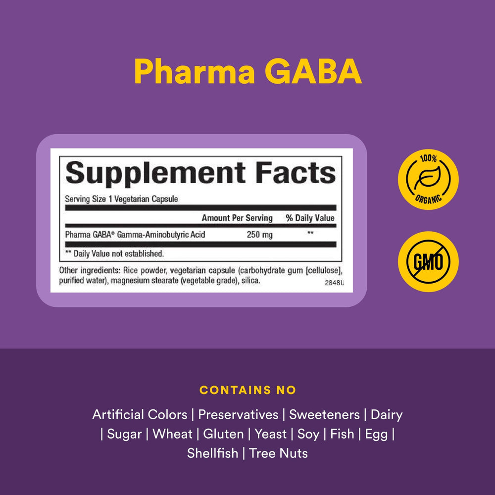 Natural Factors Pharma GABA closeup label emphasizing quality ingredients