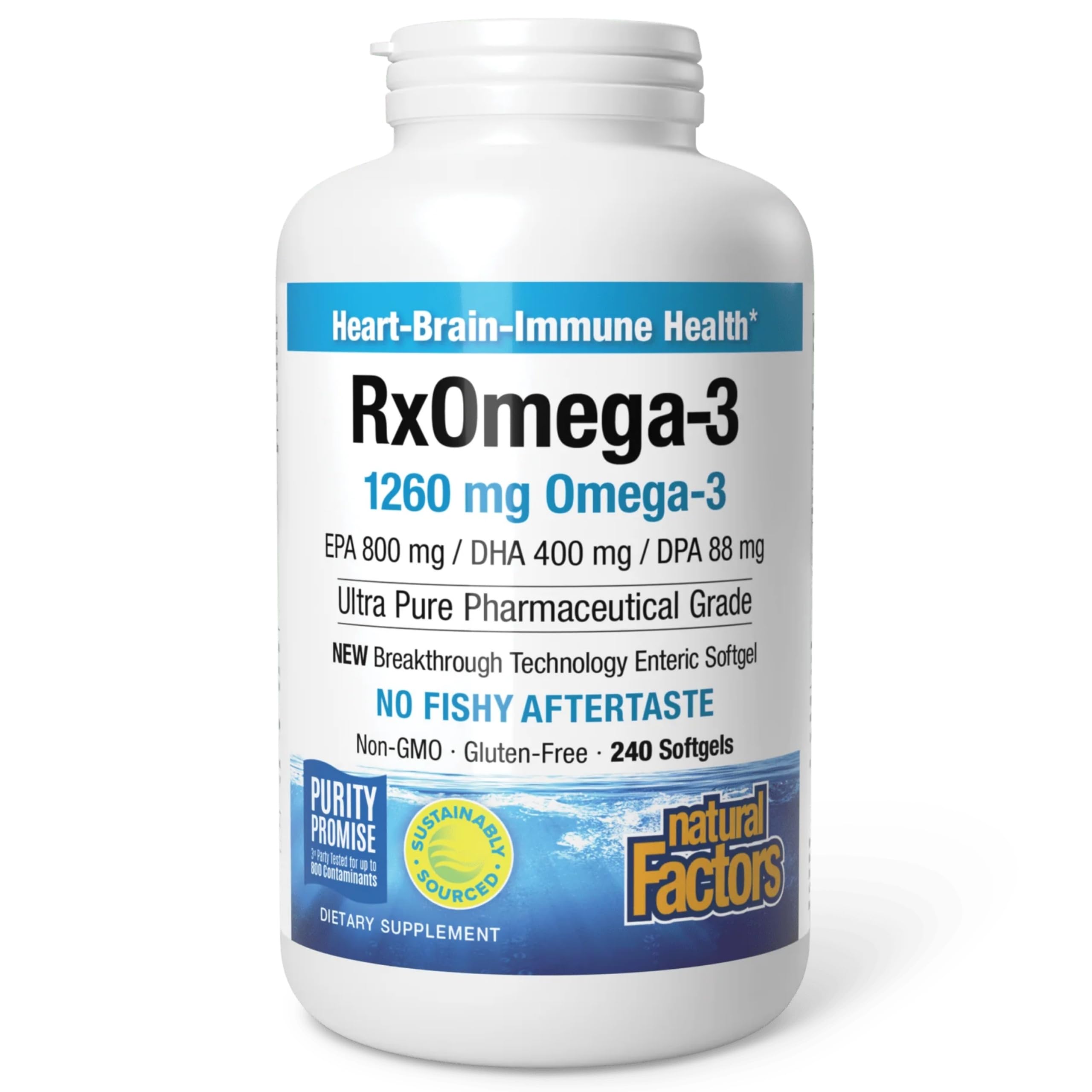 Natural Factors RxOmega-3 softgel bottle with 240 capsules for heart and mood support.