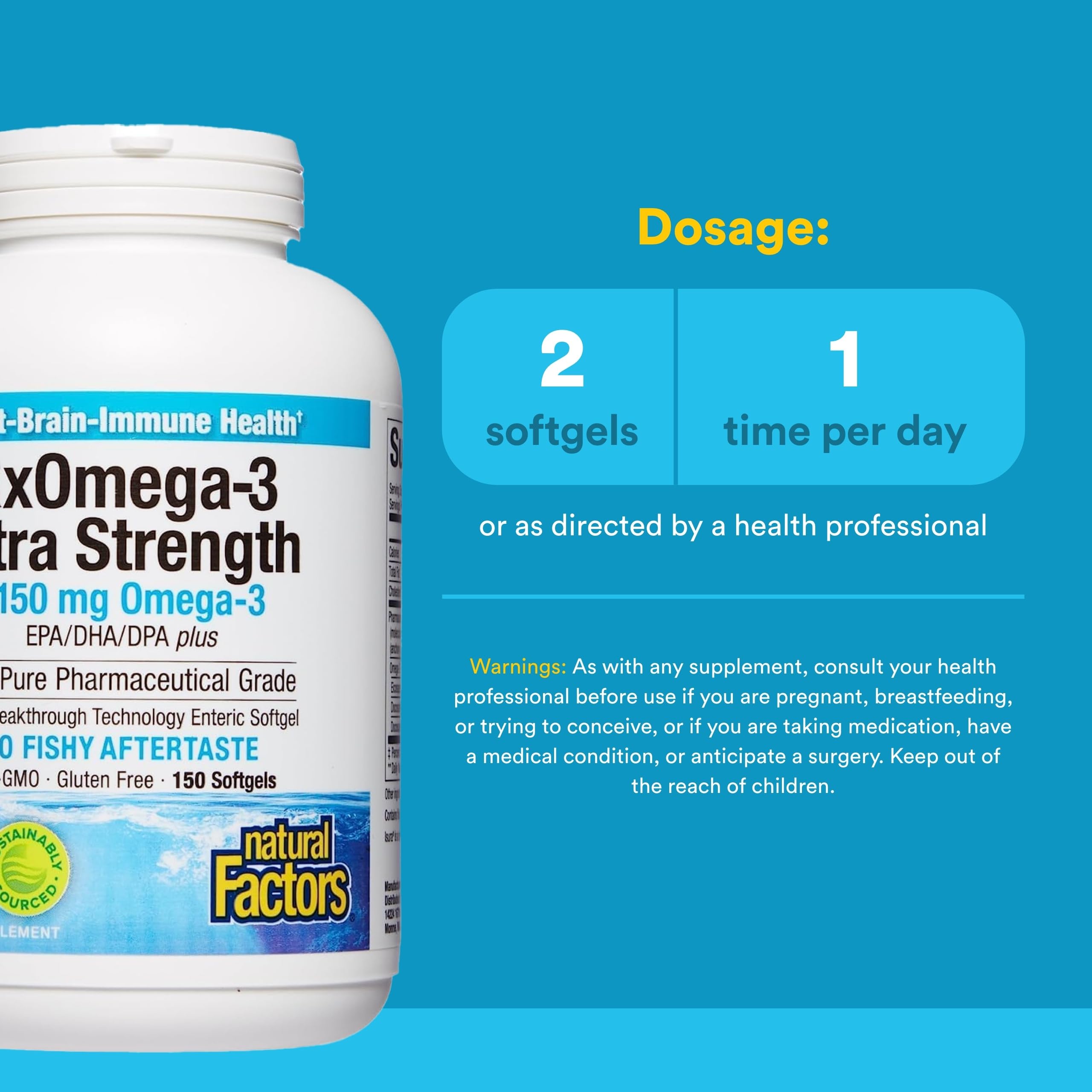 Natural Factors RxOmega-3 Ultra Strength label highlighting purity and allergen-free formula
