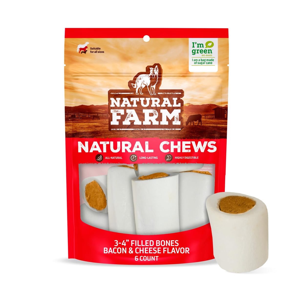 Natural Farm bacon-cheese-filled bones in 3-4 inch size for long-lasting engagement.