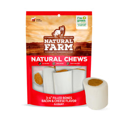 Natural Farm bacon-cheese-filled bones in 3-4 inch size for long-lasting engagement.