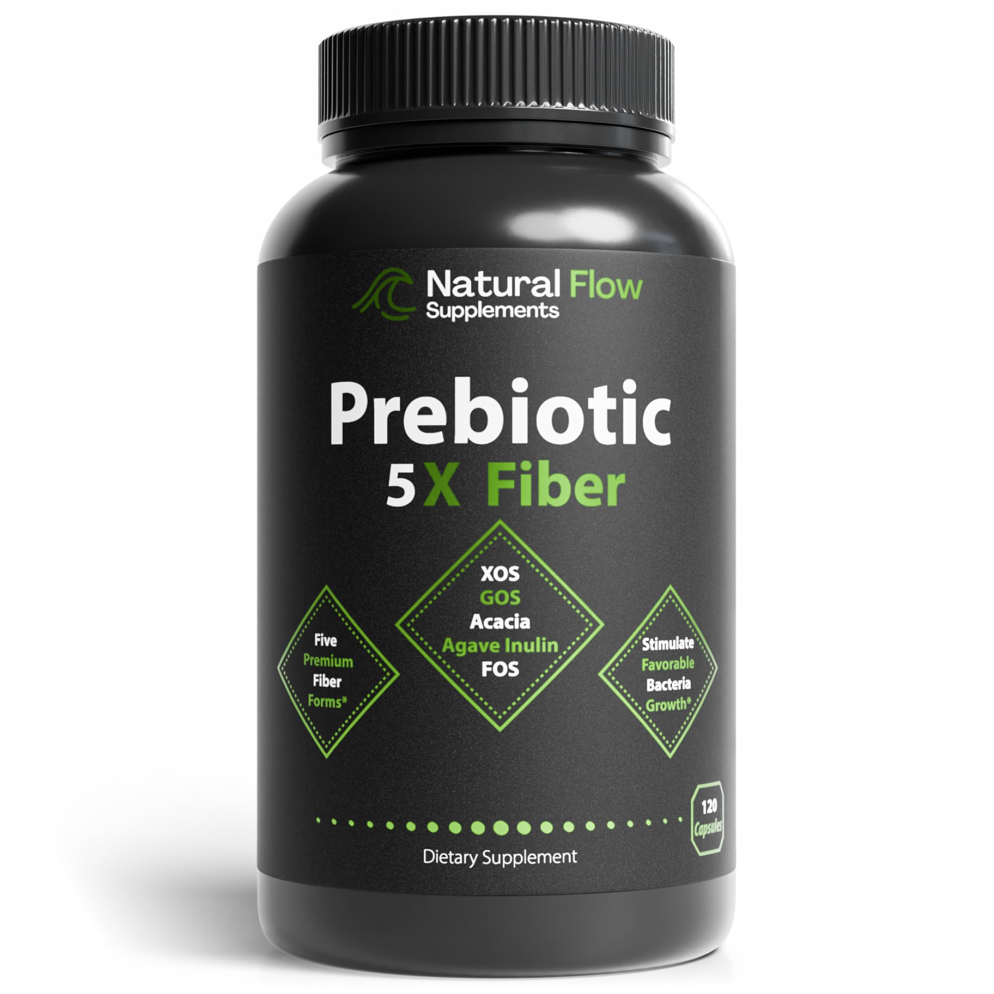 Natural Flow 5X Fiber bottle front for daily gut support and balanced digestion