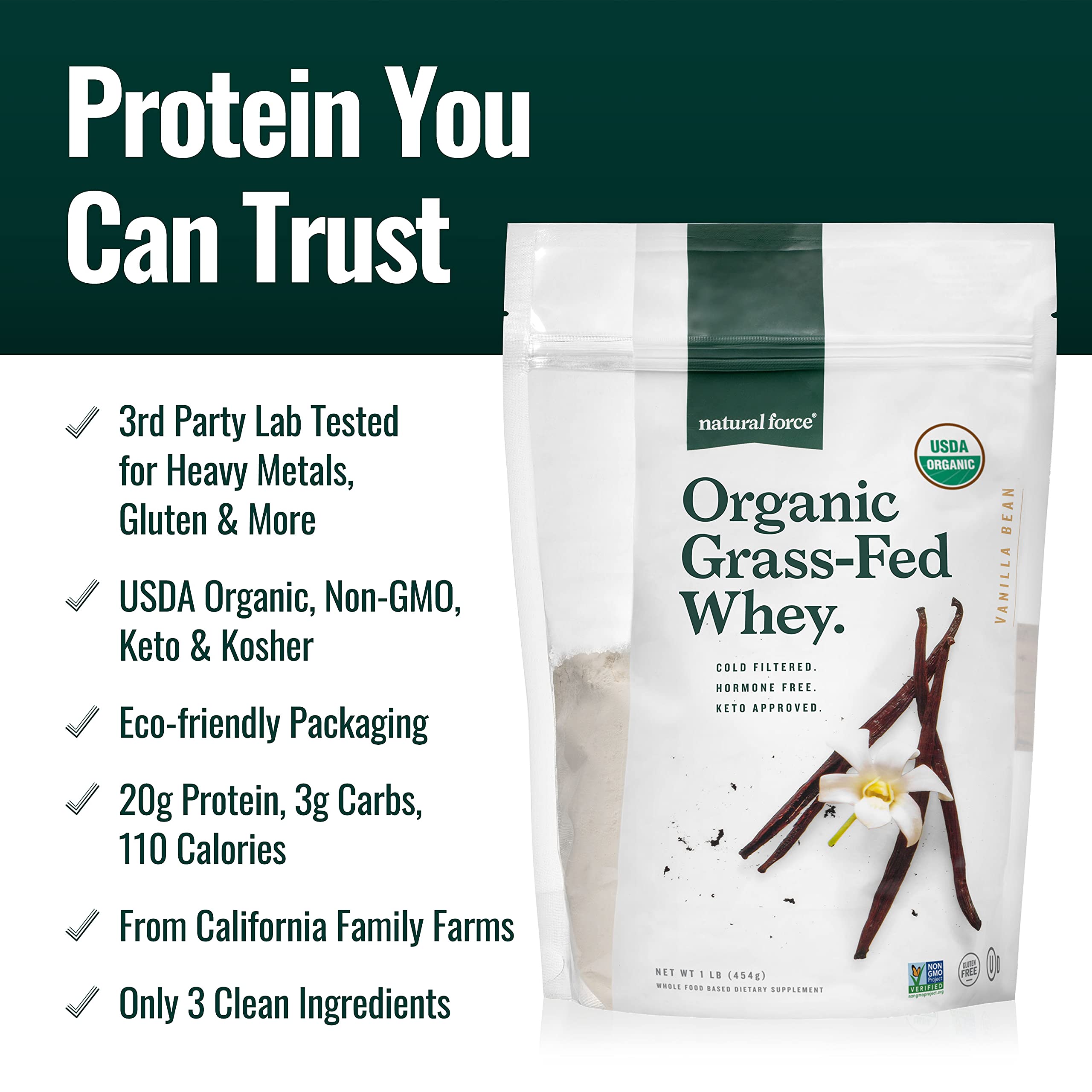 Natural Force BPA-free packaging emphasizes sustainable sourcing and recyclability.