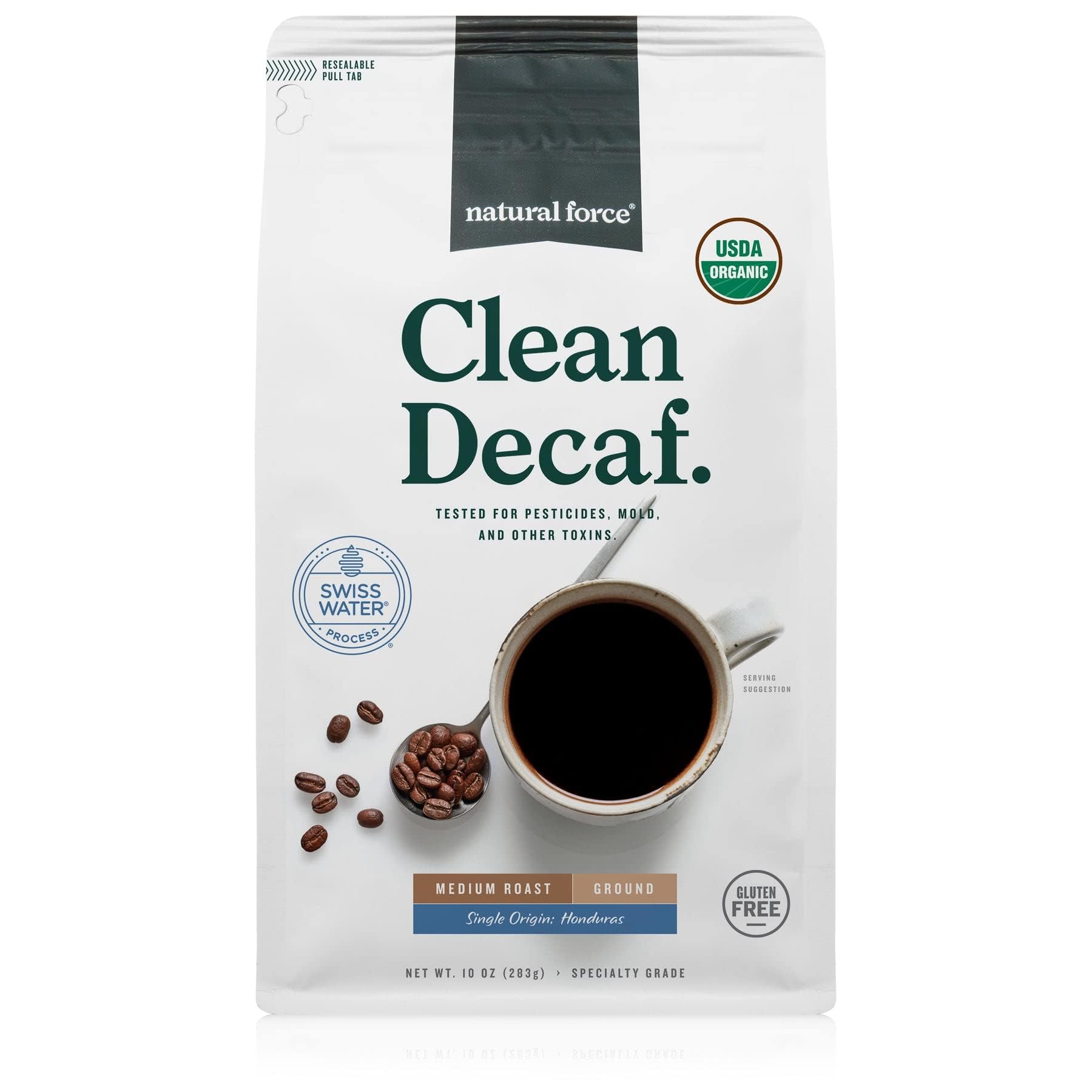Natural Force Clean Decaf coffee bag—toxin-free, premium flavor.
