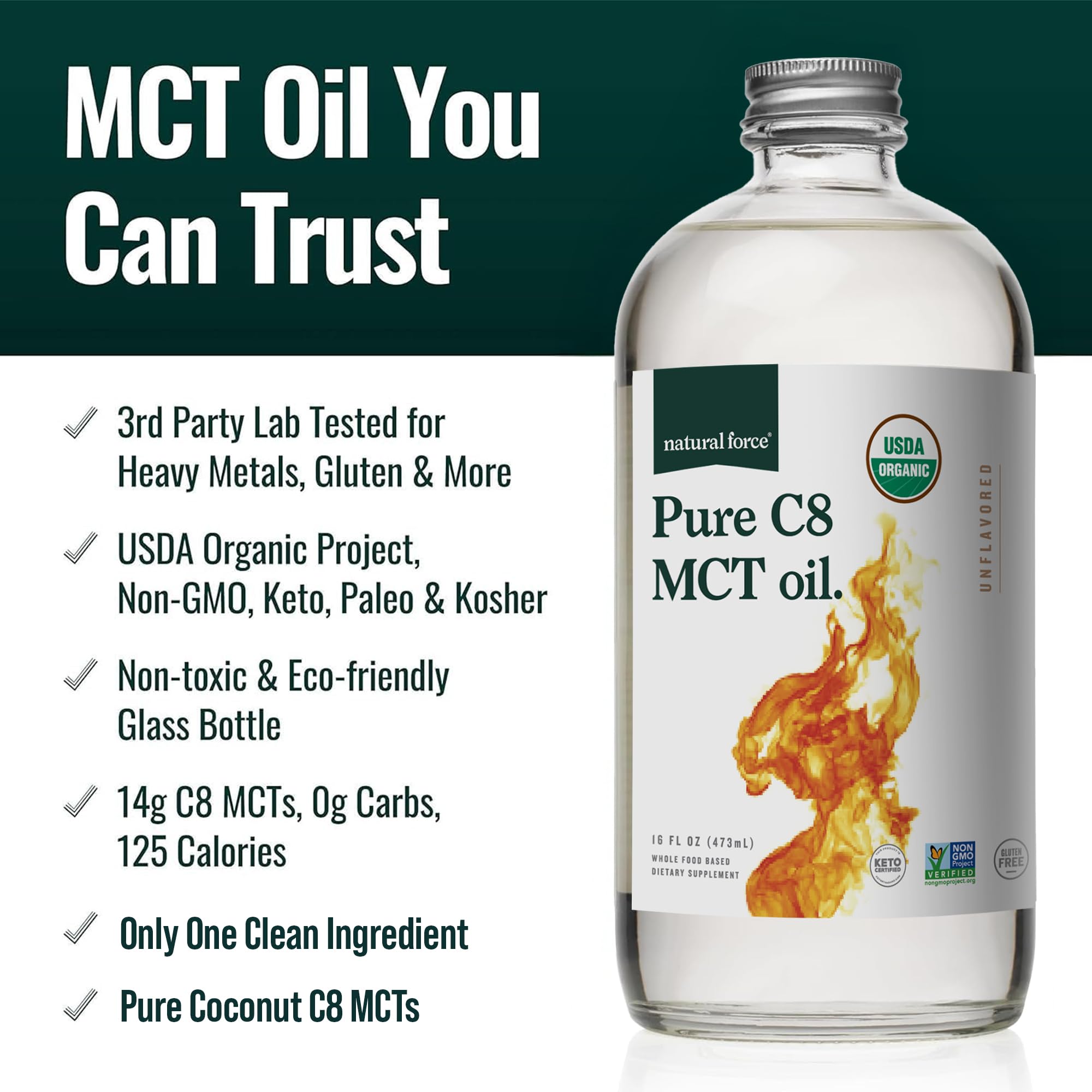 Natural Force Organic coconut oil label highlights USDA Organic and Non-GMO status.