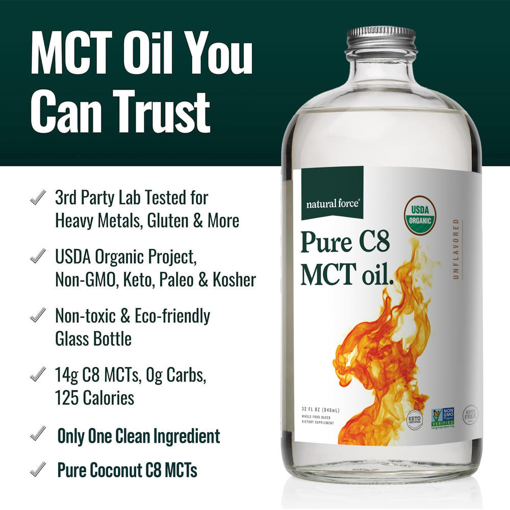 Natural Force Organic C8 MCT oil label detail highlighting organic certification.