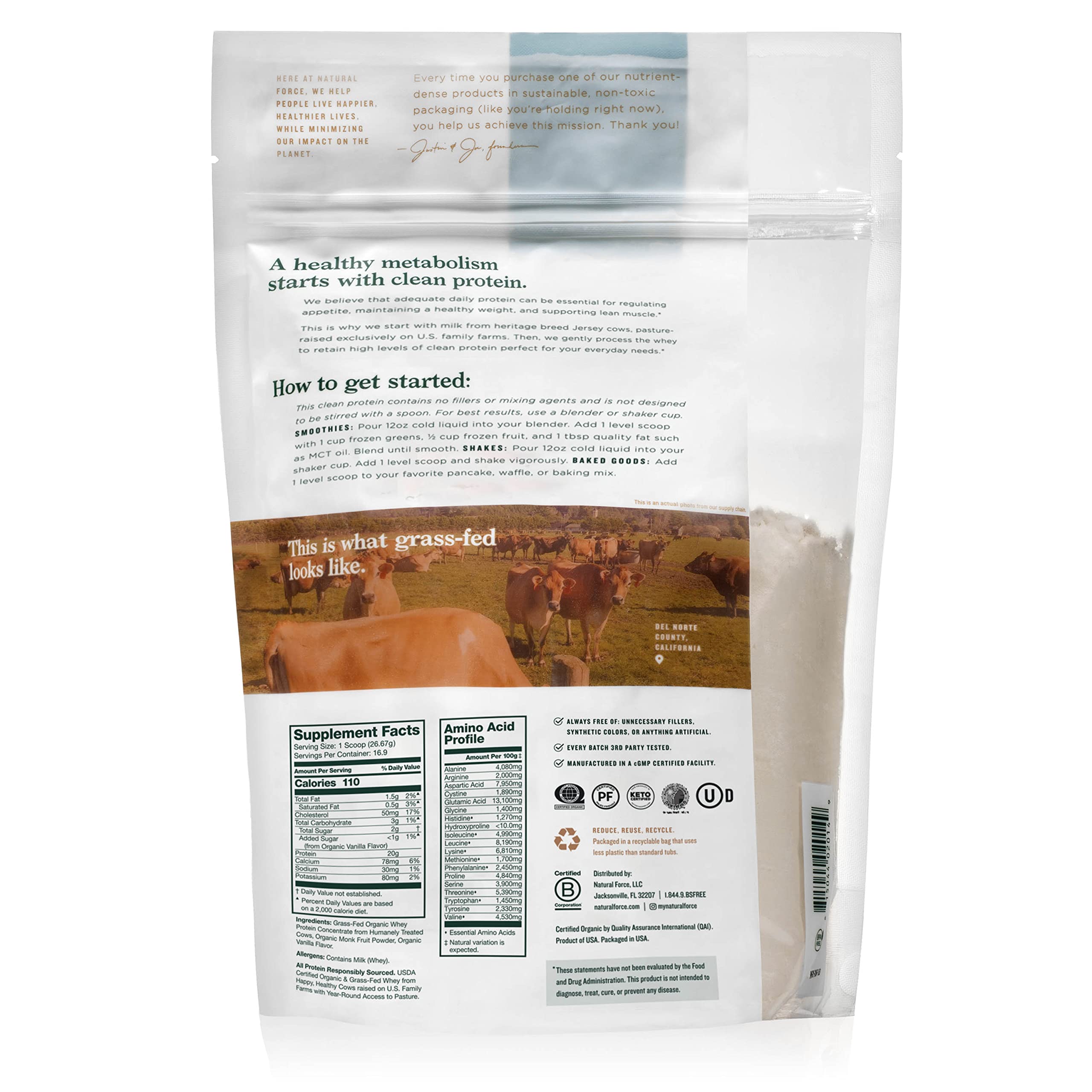 Natural Force Organic Whey bag highlights clean, keto-friendly powder.