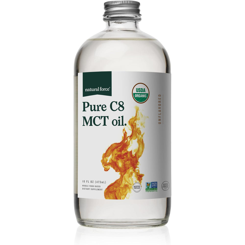 Natural Force Pure C8 MCT Oil bottle for keto-friendly coffee and recipes.