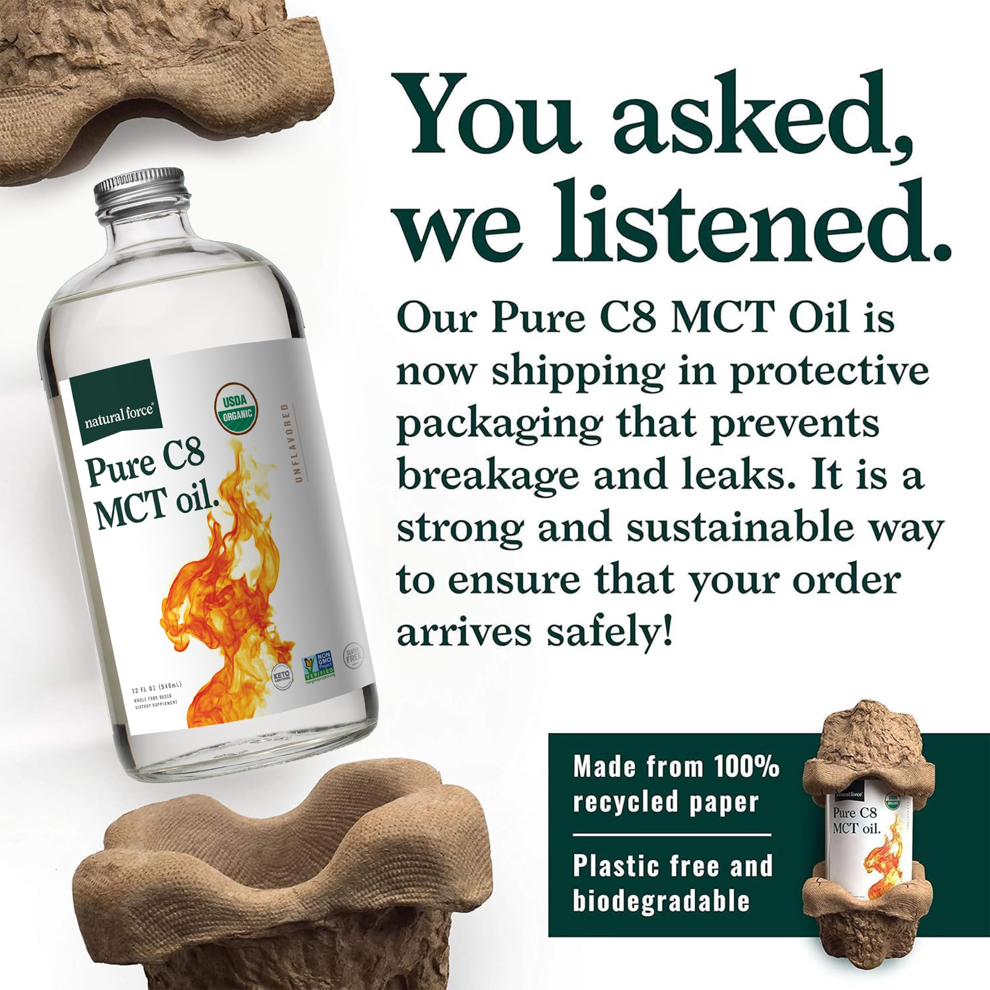 Natural Force Pure C8 MCT Oil pour bottle ready for coffee or smoothie.