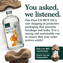 Natural Force Pure C8 MCT Oil pour bottle ready for coffee or smoothie.